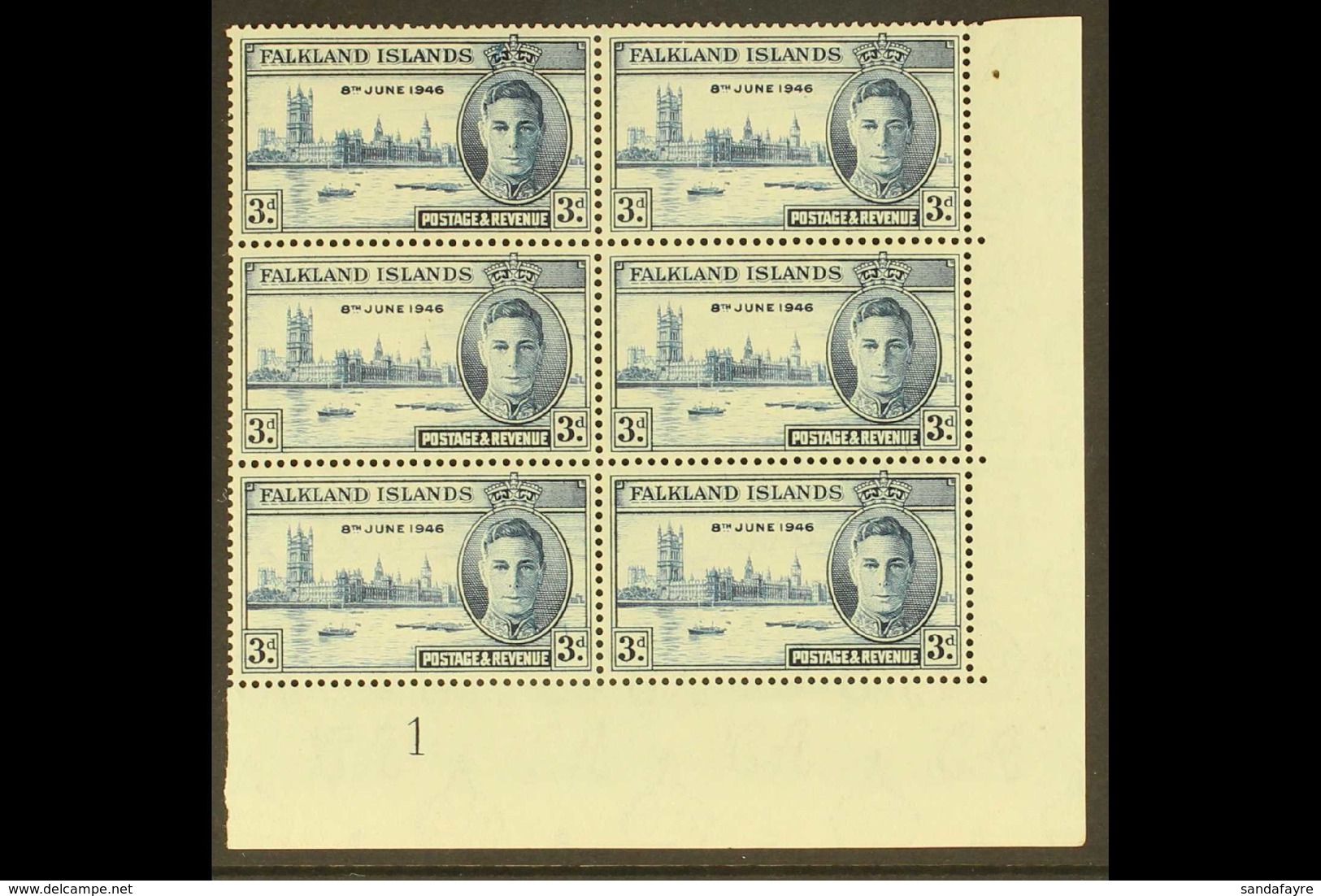 1946 3d Victory With CROWN FLAW AND RE-ENTRY Within Corner Plate Number Block Of Six, SG 165a+165, Never Hinged Mint (bl - Islas Malvinas