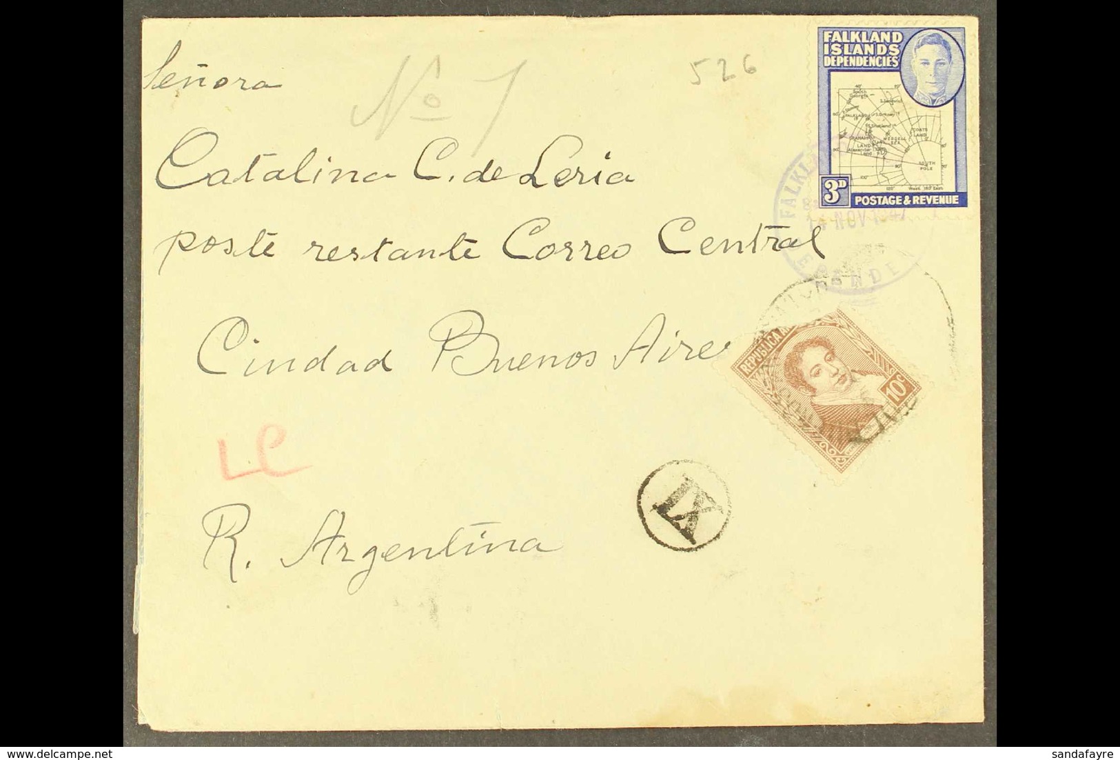 1947 COMMERCIAL COVER TO ARGENTINA 1946 3d Thick Map Tied By FID South Georgia Cds Of 14 NOV 1947 On Cover Addressed To  - Islas Malvinas