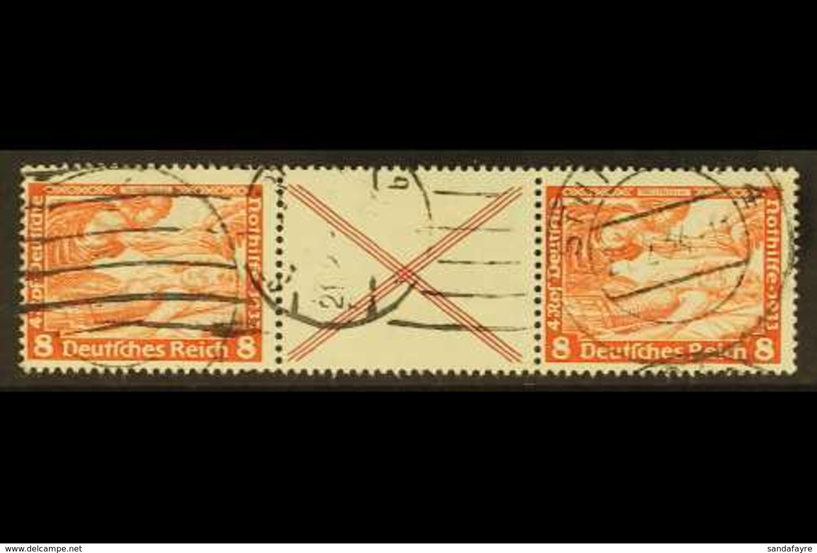 1933 8pf+label+8pf Orange-red Wagner Horizontal SE-TENANT STRIP, Michel W 54, Fine Used, Fresh & Scarce. For More Images - Otros & Sin Clasificación