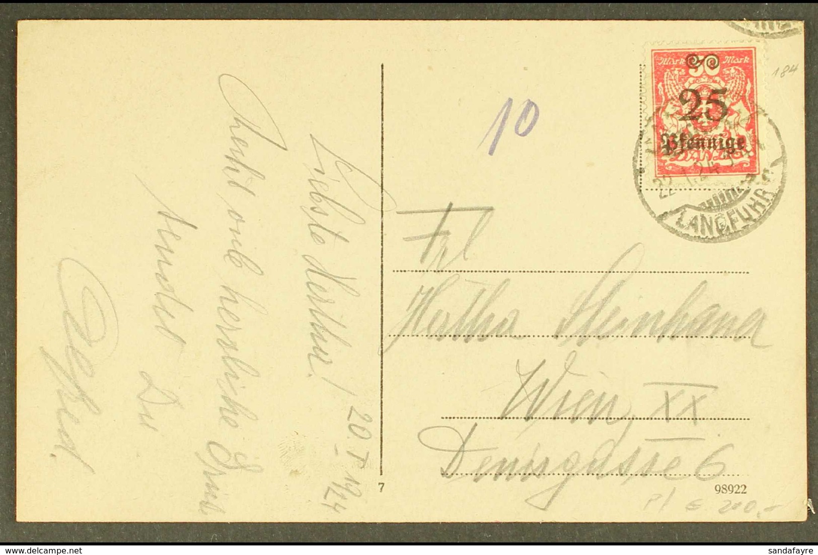 1924 (24 JAN) Picture Post Card To Vienna Bearing 1923 25pf On 50m Red, Michel 184, Tied By "DANZIG / LANGFUHR" Cds Canc - Otros & Sin Clasificación