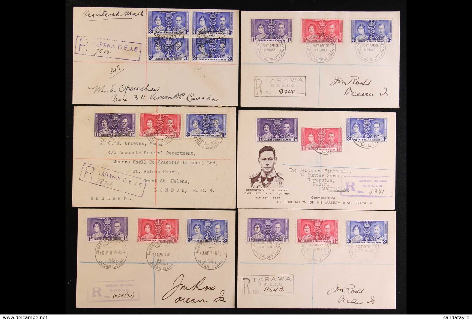 1937-38 CORONATION COVERS An All Different Registered Group Comprising The Set With 1938 "OCEAN ISLAND" Cds's, Two Undat - Islas Gilbert Y Ellice (...-1979)