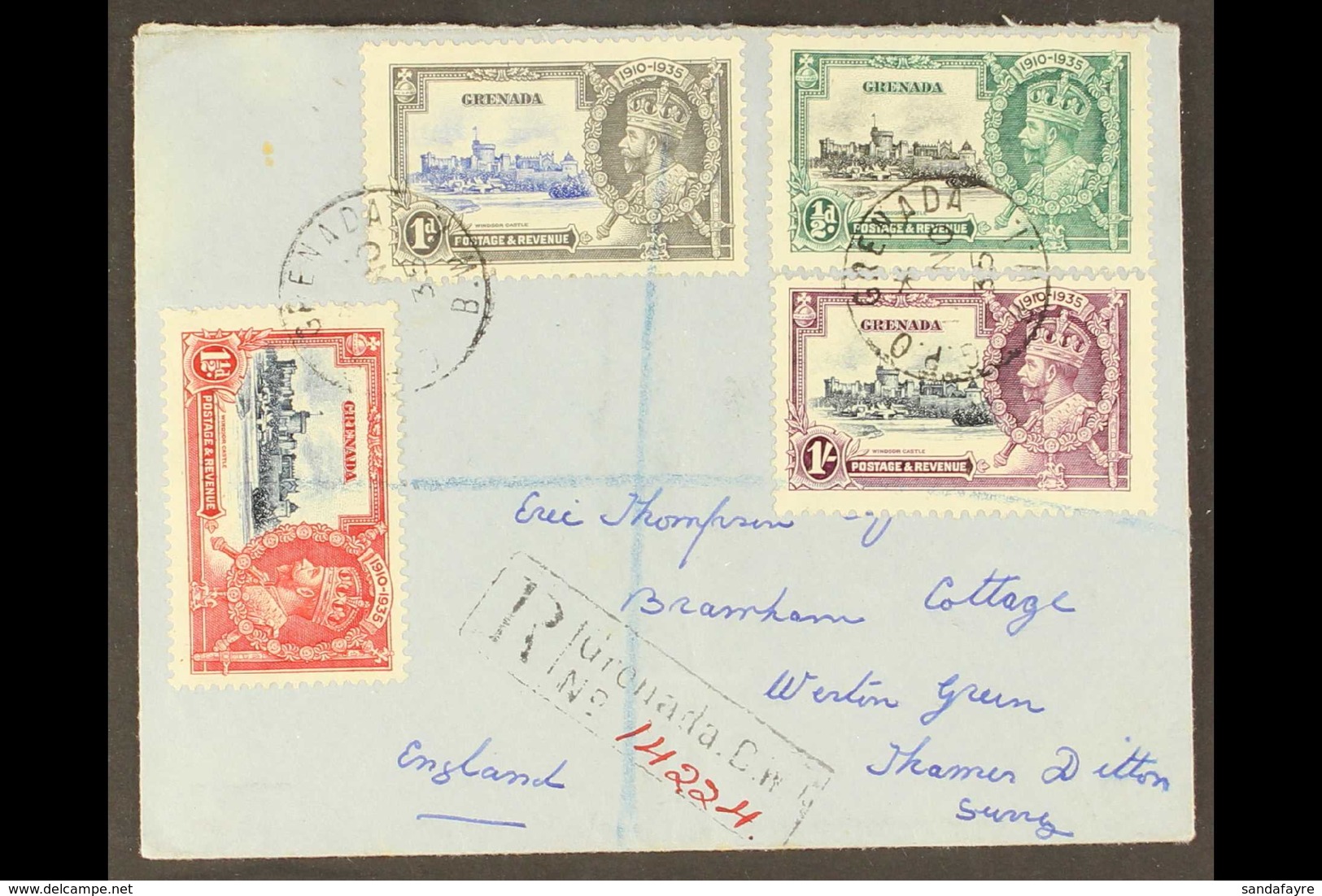 1935 (Nov) Registered Cover To England Bearing Silver Jubilee Complete Set (SG 145/48) Including 1½d With "Kite And Hori - Granada (...-1974)