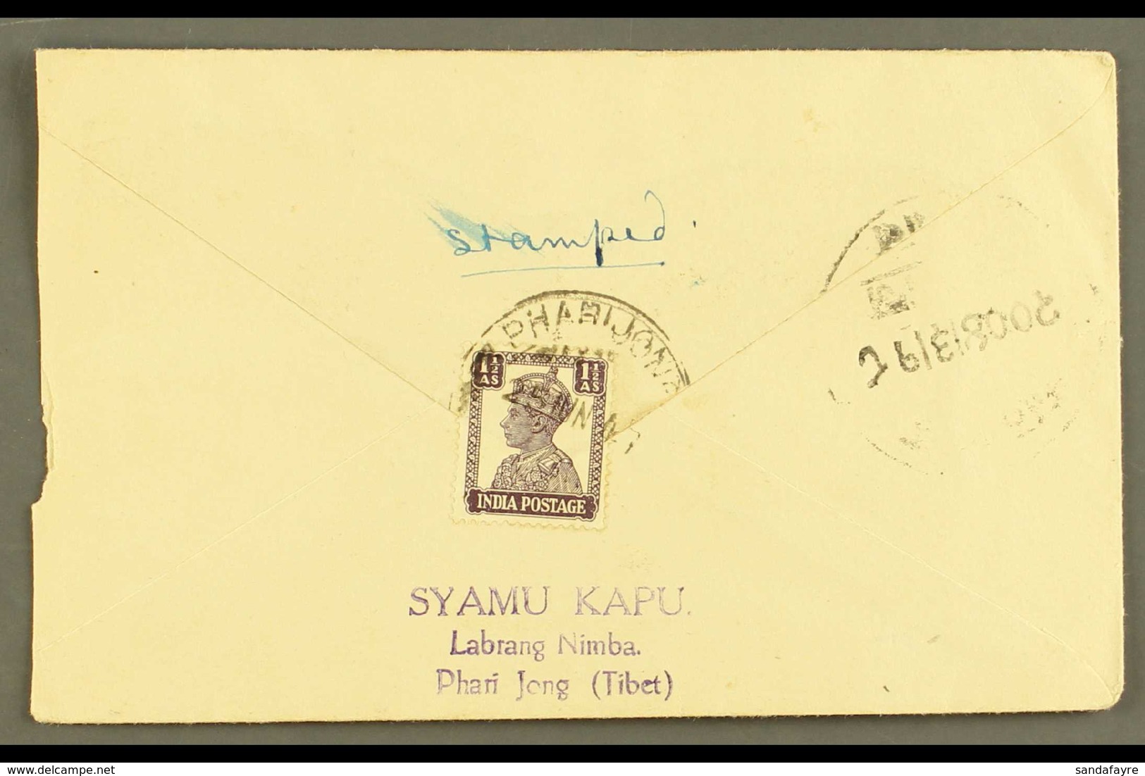 USED IN TIBET 1947 (25th June) Envelope To Katmandu Nepal From Phaijong Tibet, Flap Bearing 1940-43 1½a Violet Tied By P - Otros & Sin Clasificación