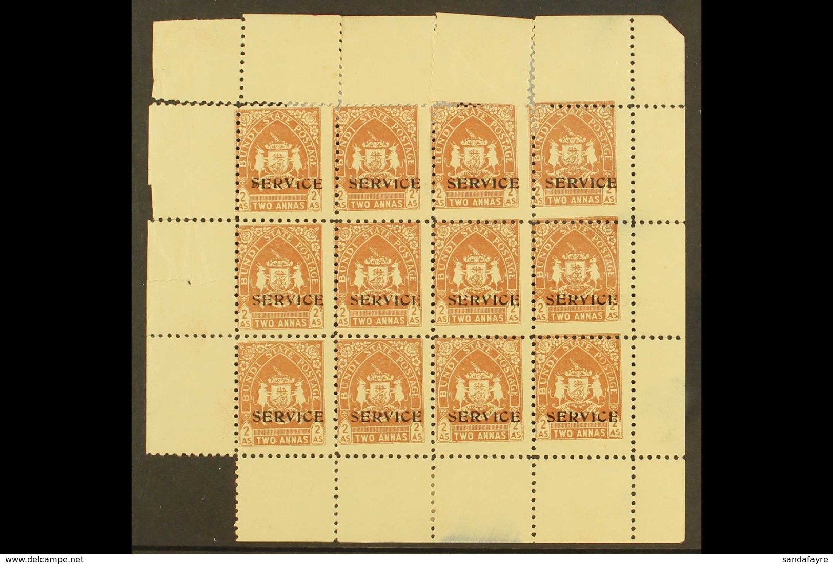 BUNDI OFFICIALS. 1941 2a Brown, SG O56, COMPLETE SHEET Of 12 With Selvedge To All Sides. Fine Mint, Ungummed Paper As Is - Otros & Sin Clasificación