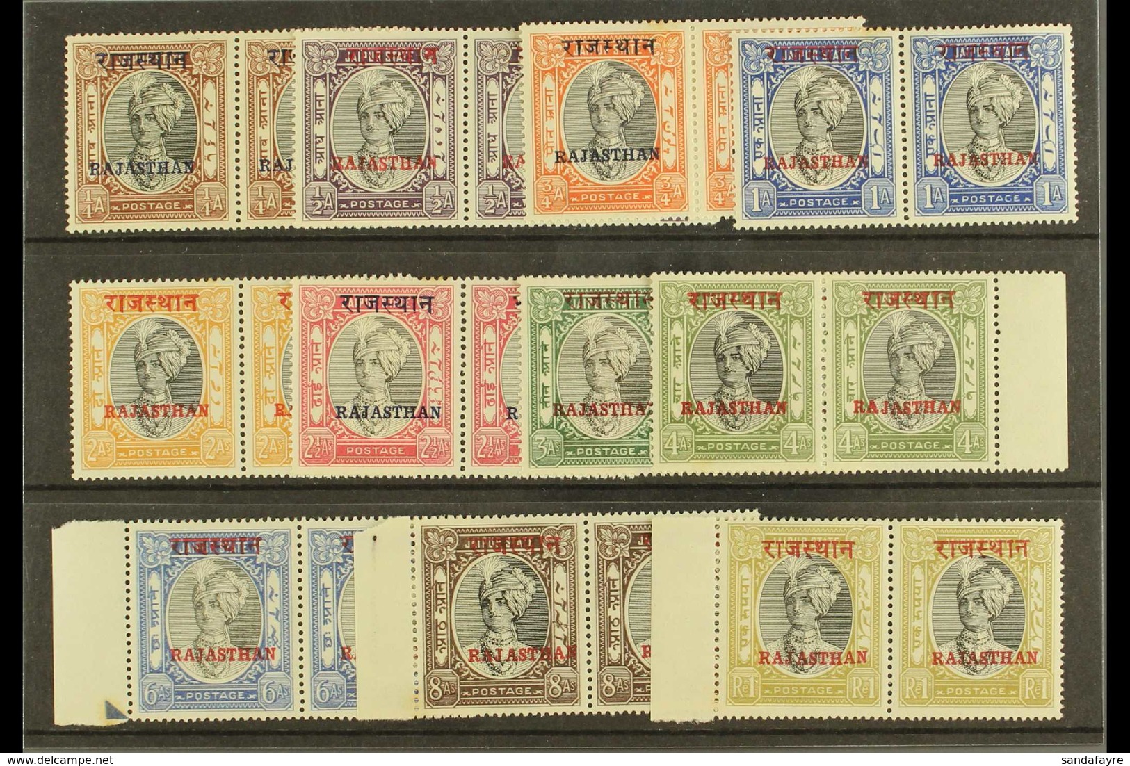 RAJASTHAN 1950 Stamps Of Jaipur Overprinted 2 Line Rajasthan, SG 15/25, In Mint Horizontal Pairs. Few Tone Spots Otherwi - Otros & Sin Clasificación