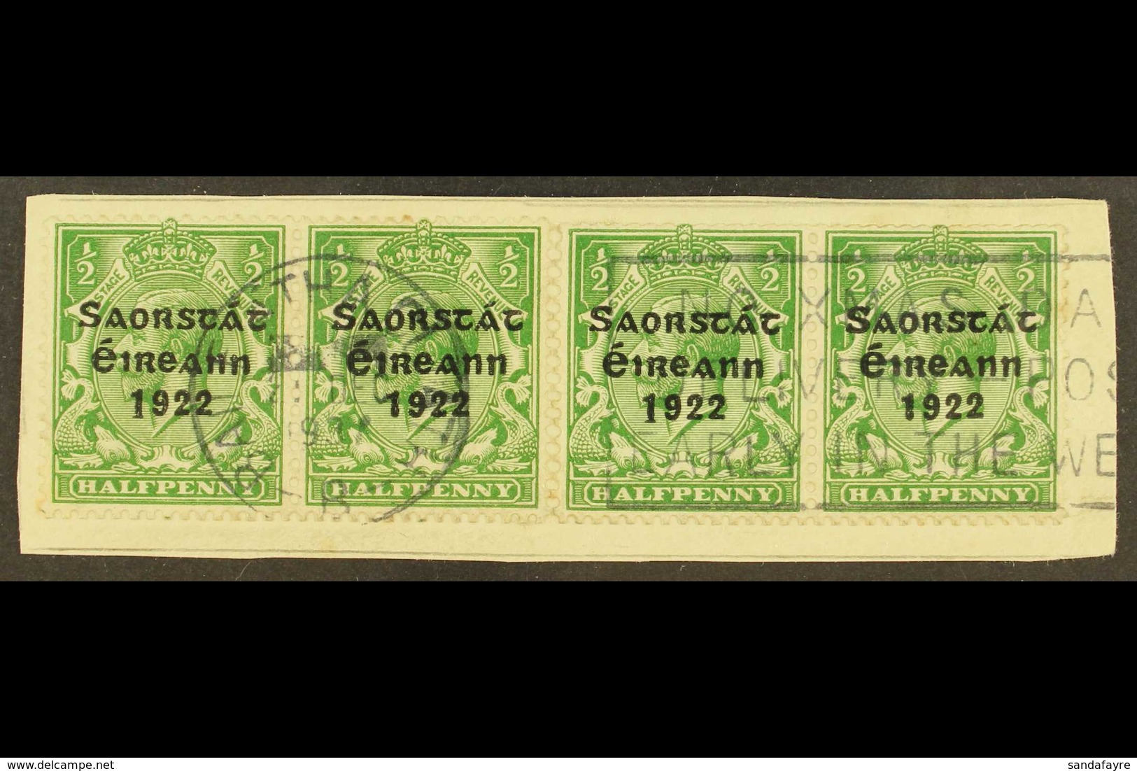 1923 HARRISON ½d Green Coil Stamp, A Horizontal Strip Of Four With Two Showing Long "1", SG 67a, On A Piece Tied By Neat - Otros & Sin Clasificación
