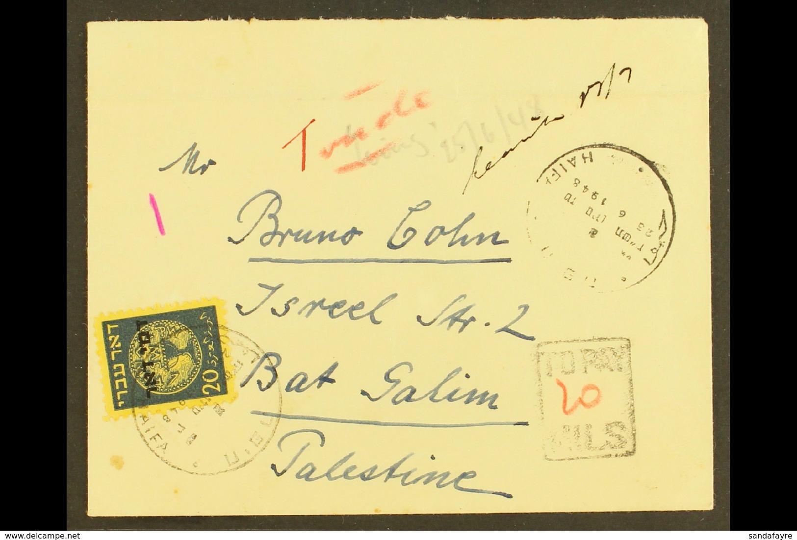 1948 (23 June) Stampless Cover To Bat Galim With Boxed "TO PAY" Cachet And 20m Postage Due (Bale PD4, SG D13). Nice Item - Otros & Sin Clasificación