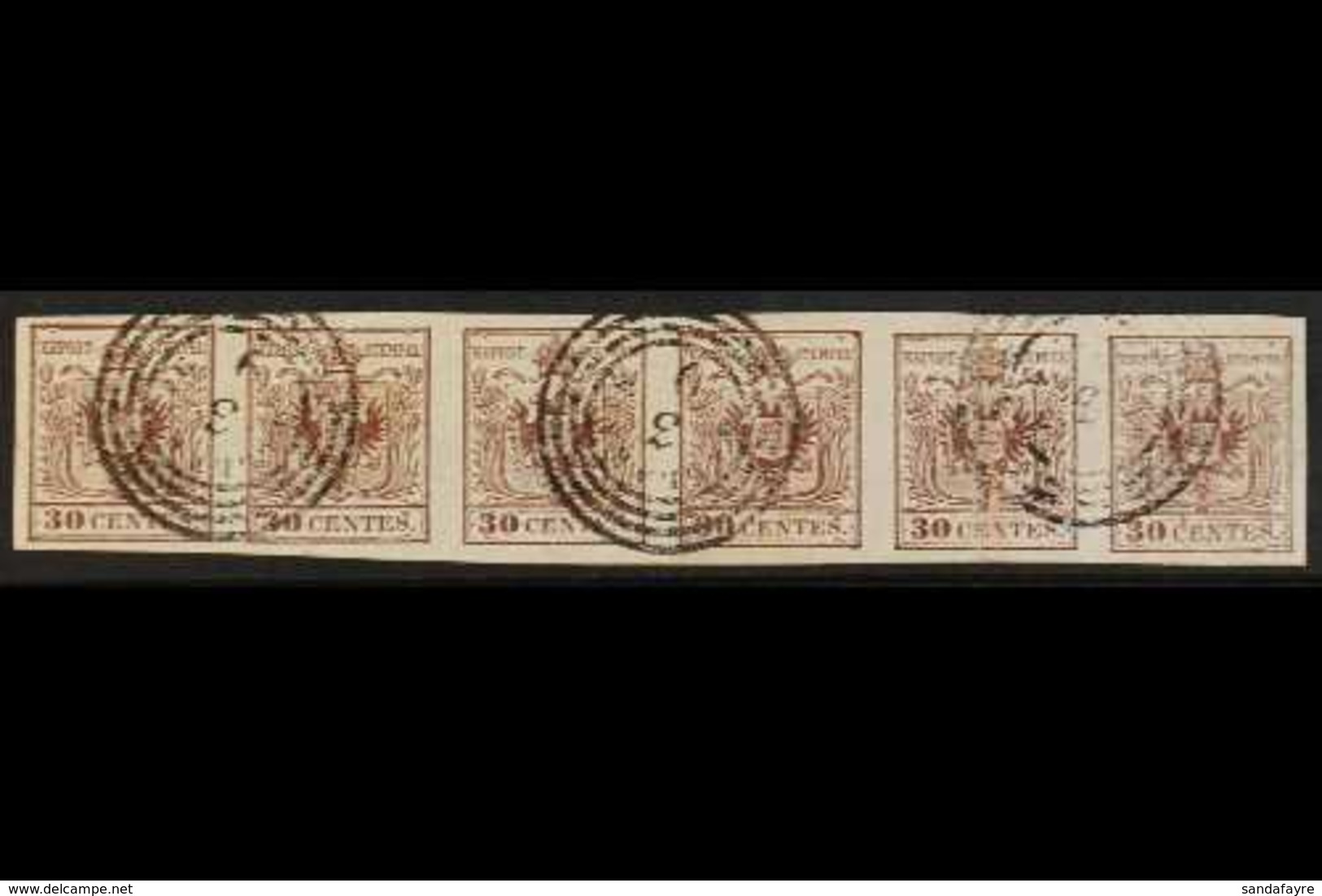 LOMBARDY-VENETIA 1850 30c Brown On Machine Made Paper, Sass 21 (Mi 4Y), Used HORIZONTAL STRIP OF 6! 5th Stamp With Press - Sin Clasificación