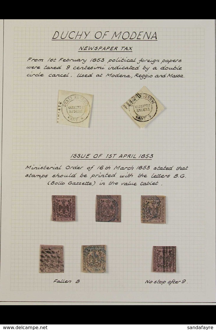 MODENA NEWSPAPER STAMPS CAT 11000+ EURO. 1853-1859 Fine Used And Unused Collection Including "Gazzette Estensi" Cut Squa - Sin Clasificación