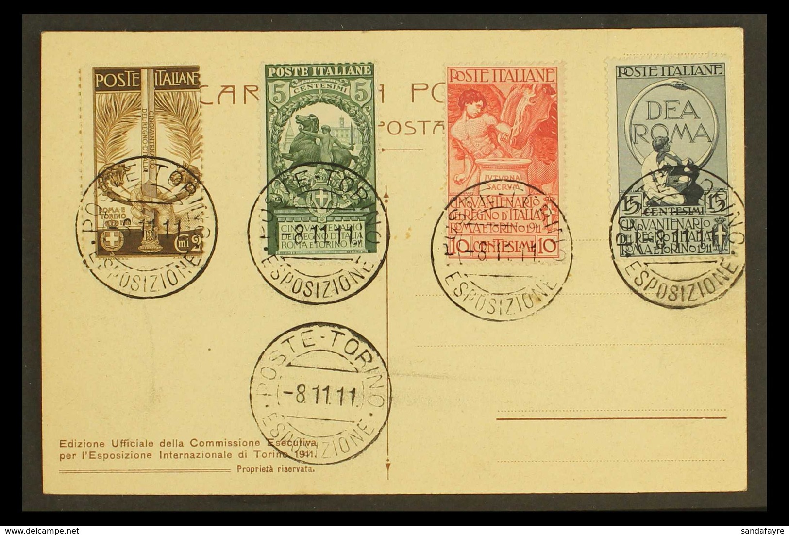 1911 Jubilee Complete Set (SG 86/89, Sassone 92/95), Fine Used On Unaddressed Postcard Tied By "Poste Torino Esposizione - Sin Clasificación