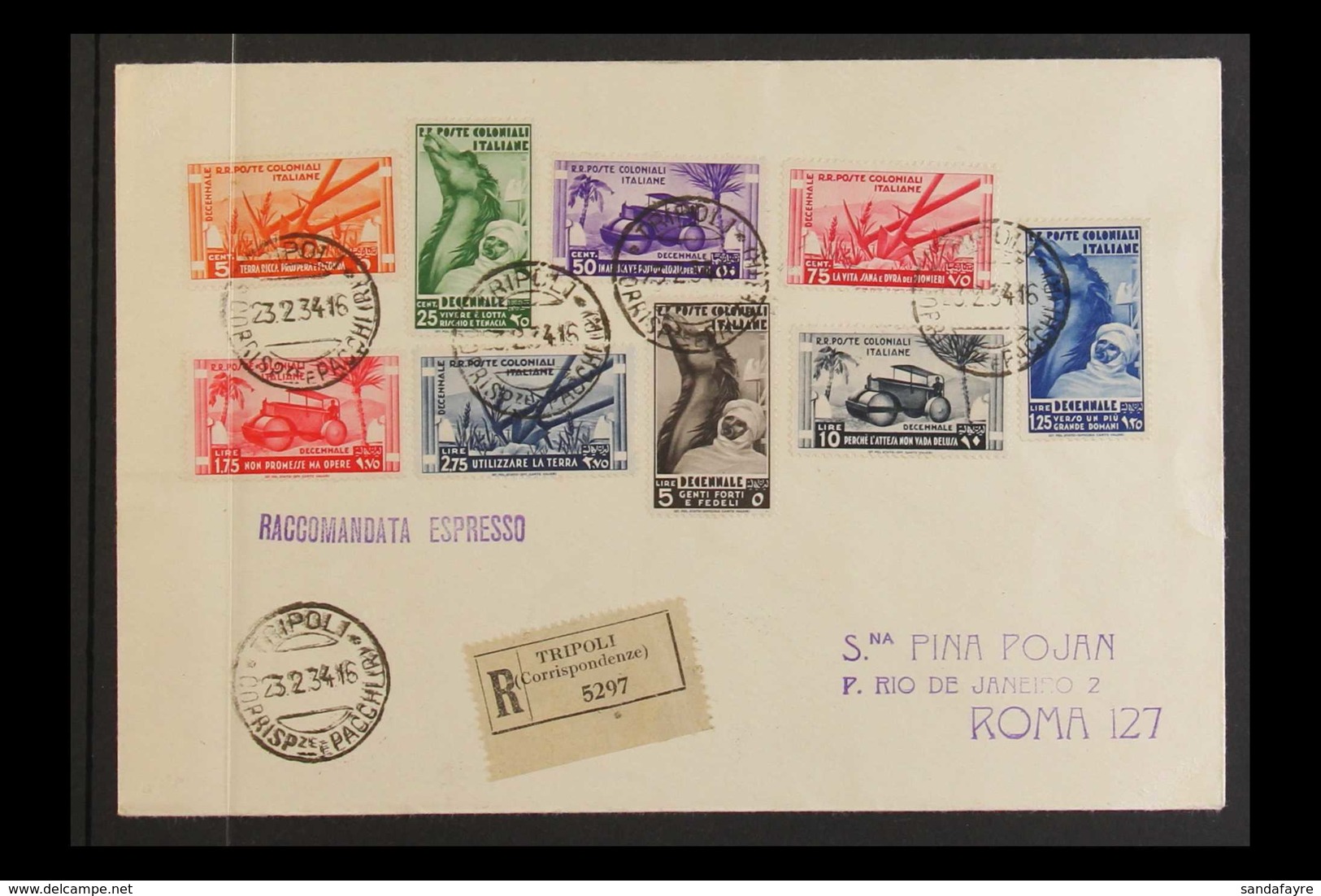 GENERAL ISSUES (NORTH AFRICA) 1934 (23 Feb) Registered Cover To Rome Bearing 1933 10th Anniversary Of Fascist March On R - Otros & Sin Clasificación