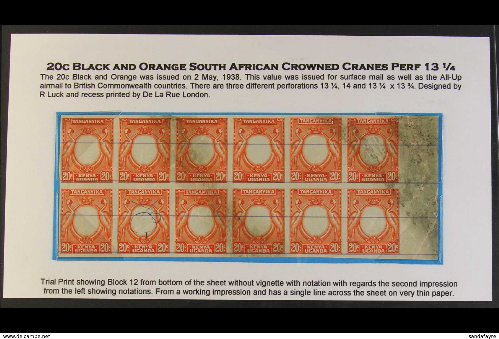 1938 TRIAL PRINT BLOCK OF TWELVE 20c Black And Orange, As SG 139, A Superb Imperf Trial Printing Block Of Twelve Showing - Vide