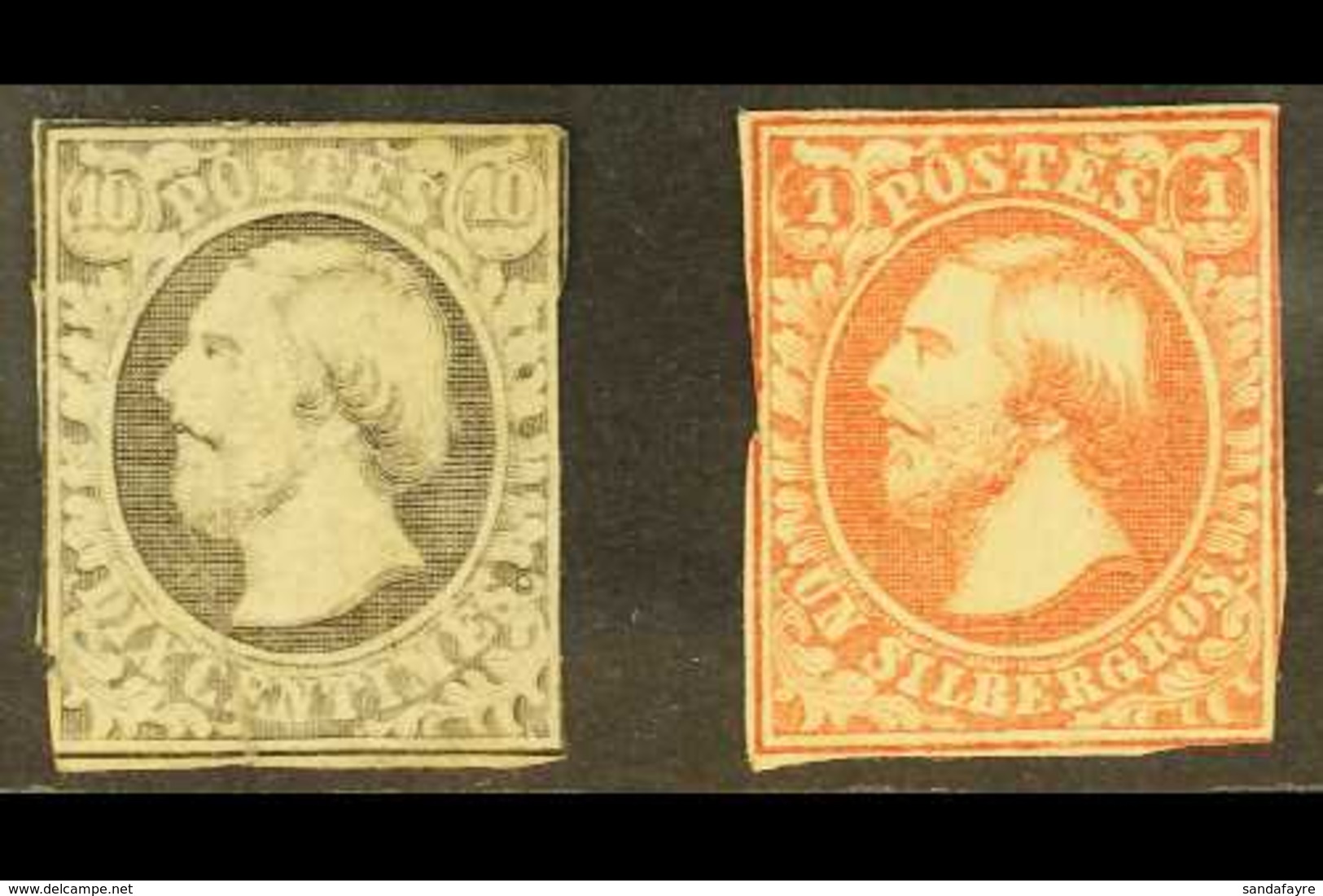 1852-58 10c Grey-black (SG 2, Michel 1d), Unused No Gum, Cut Into The Outer Frame Lines, Creases, And 1sgr Rose (SG 4, M - Altri & Non Classificati