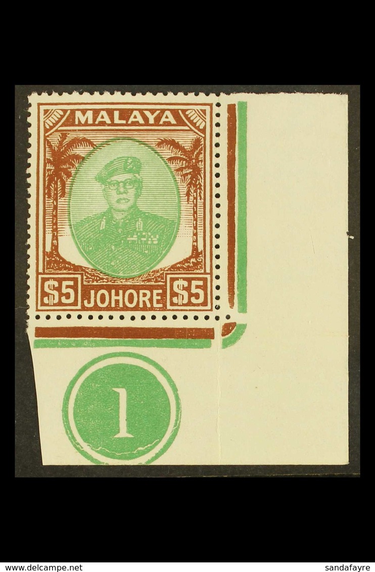 JOHORE 1949 $5 Green And Brown, Sultan, SG 147, Superb NHM Plate Number, Corner Copy. For More Images, Please Visit Http - Otros & Sin Clasificación