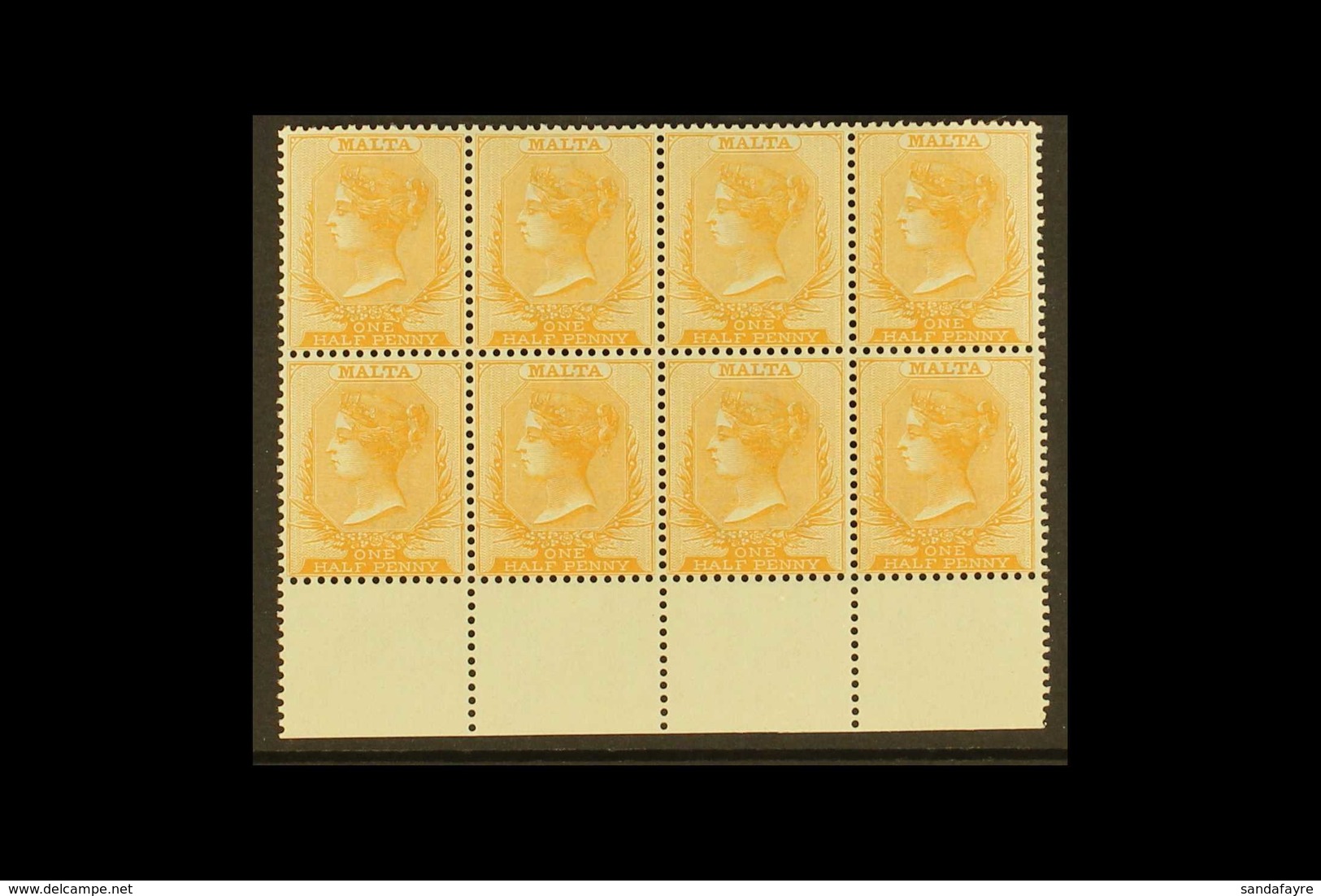 1882-84 ½d Red-orange, SG 19, Superb Never Hinged Mint Lower Marginal BLOCK Of 8 (4x2), Very Fresh & Attractive. (8 Stam - Malta (...-1964)