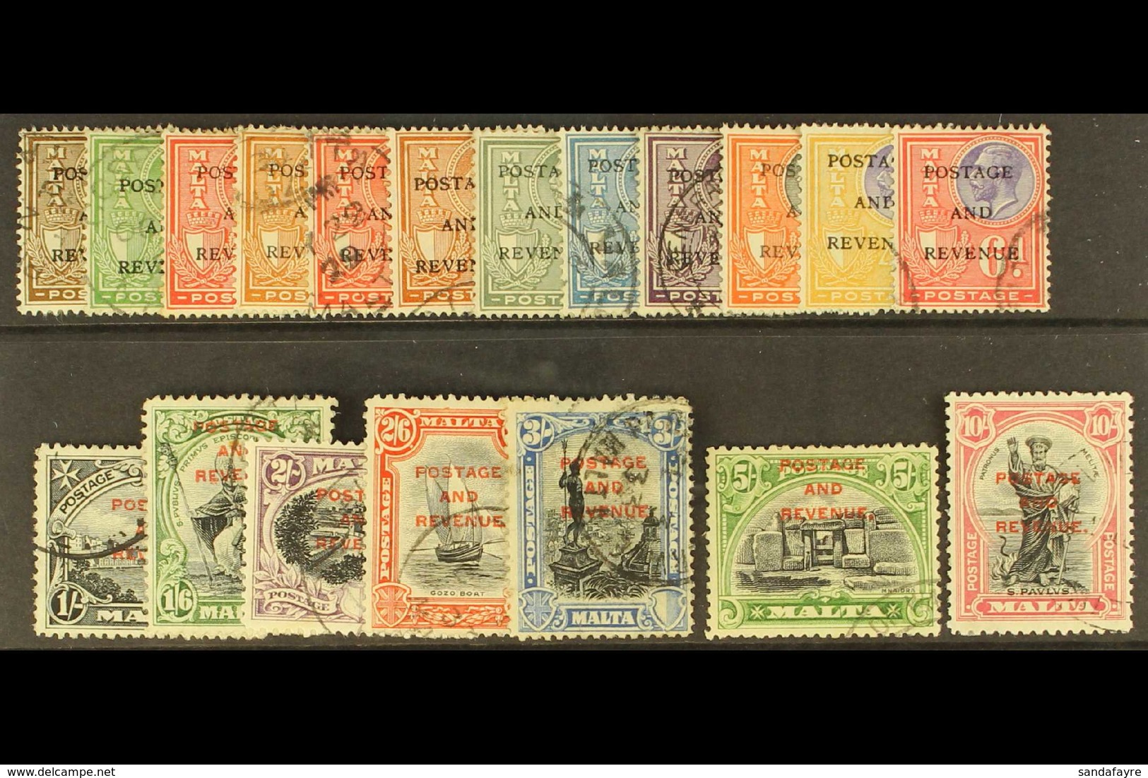 1928 St Paul Set Ovptd "Postage And Revenue", SG 174/92, Good To Very Fine Used. (19 Stamps) For More Images, Please Vis - Malta (...-1964)