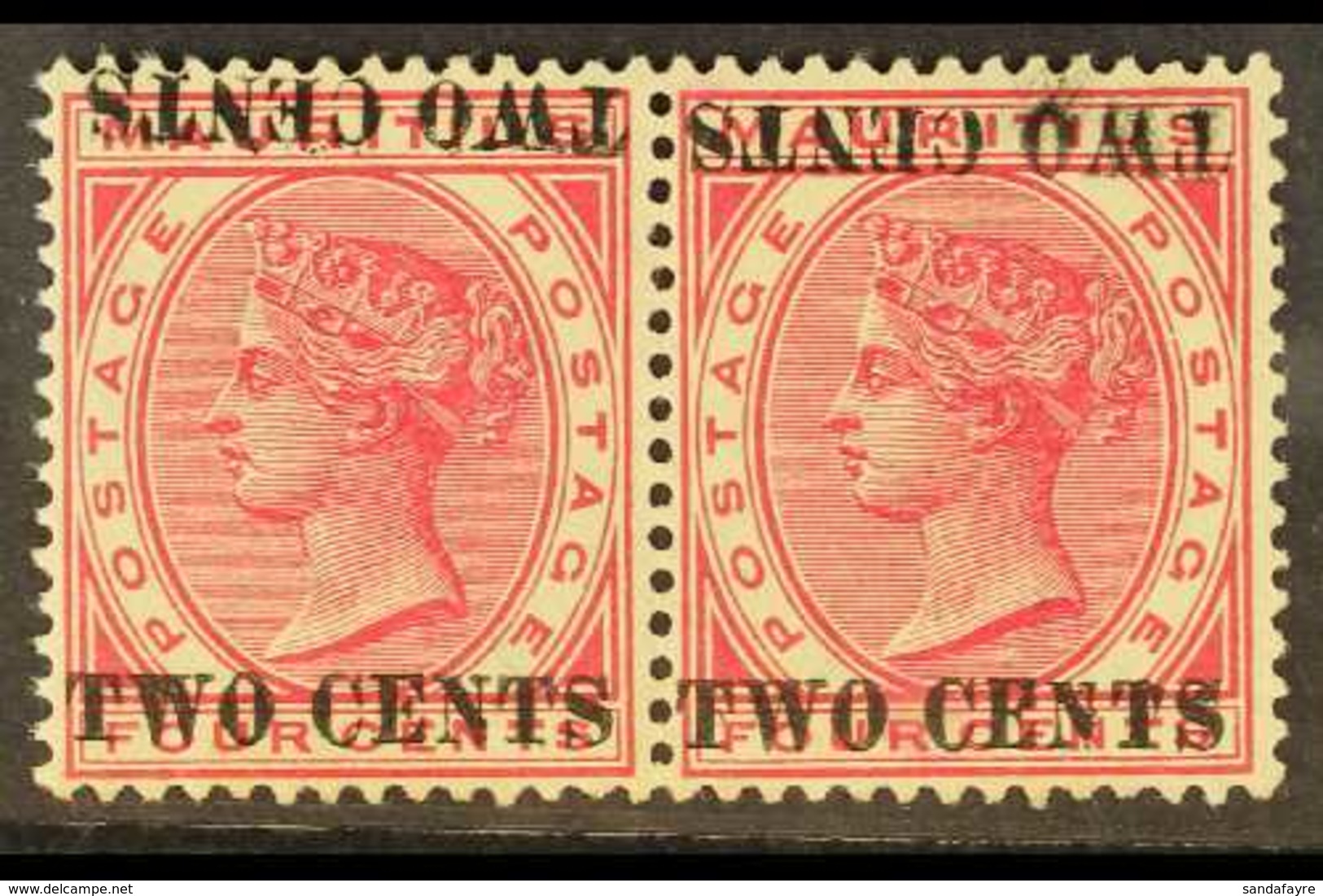 1891 2c On 4c Carmine, Variety "surcharge Double, One Inverted", SG 118c, Superb Mint Pair. For More Images, Please Visi - Mauricio (...-1967)