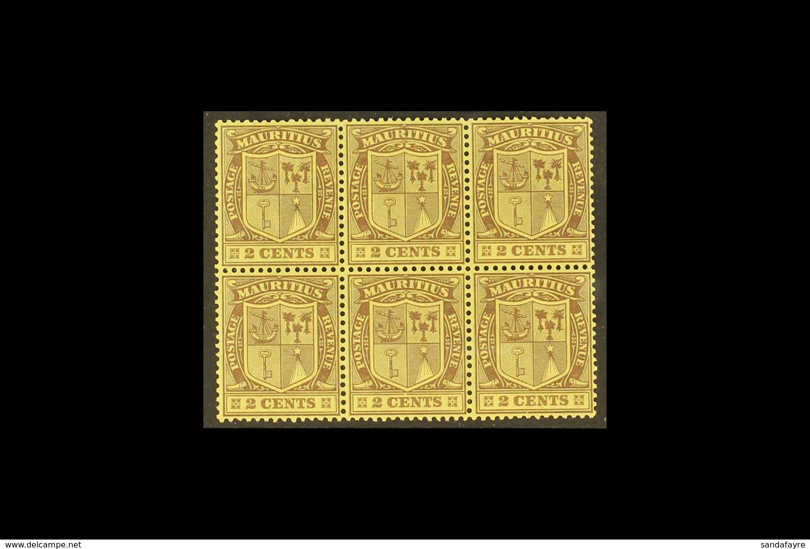 1921 2c Purple On Yellow, Wmk Script, Variety "Wmk Inverted", SG 207w, Never Hinged Mint, Block Of 6. For More Images, P - Mauricio (...-1967)