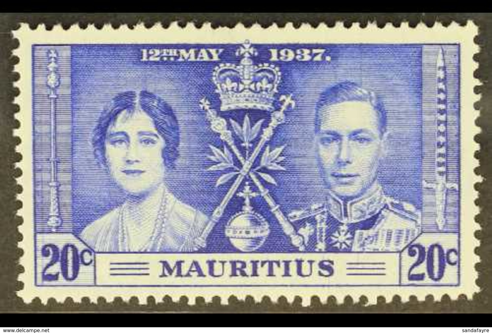 1937 20c Bright Blue, Coronation, Variety "Line By Sceptre", SG 251b, Very Fine Mint. For More Images, Please Visit Http - Mauricio (...-1967)