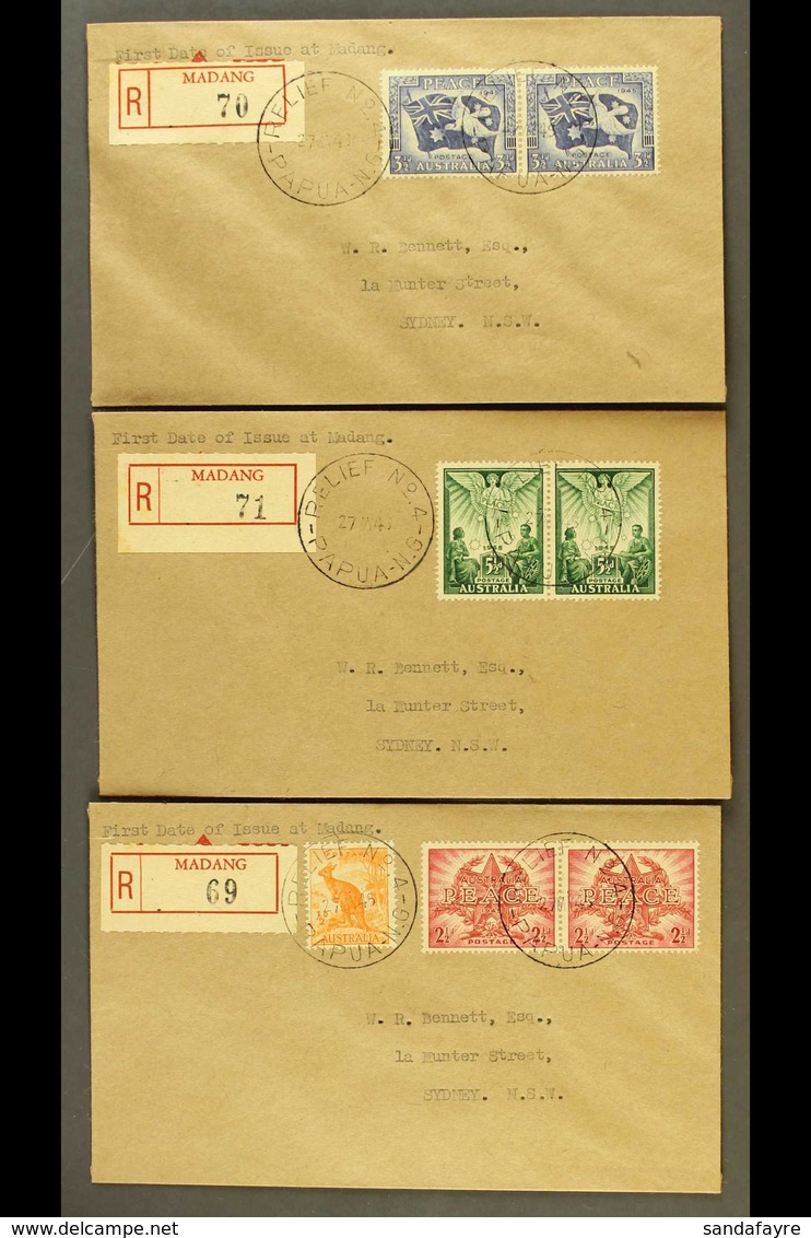 RELIEF POST OFFICES 1946 (27th May) Three Attractive Registered Covers From Madang To Sydney, Bearing Peace Set In Pairs - Papúa Nueva Guinea