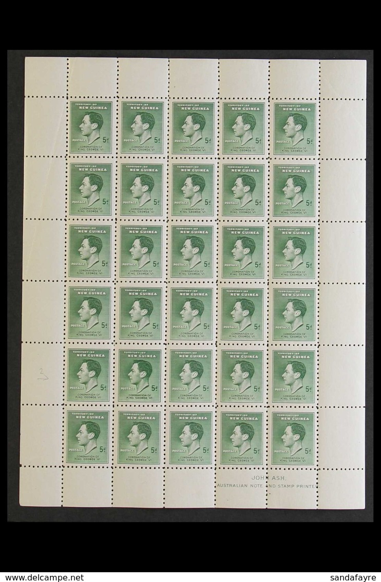 1937 CORONATION COMPLETE PANE. A Complete Pane Of The 5d Green Coronation Issue, SG 210/10a, Never Hinged Mint Sheet Of  - Papúa Nueva Guinea