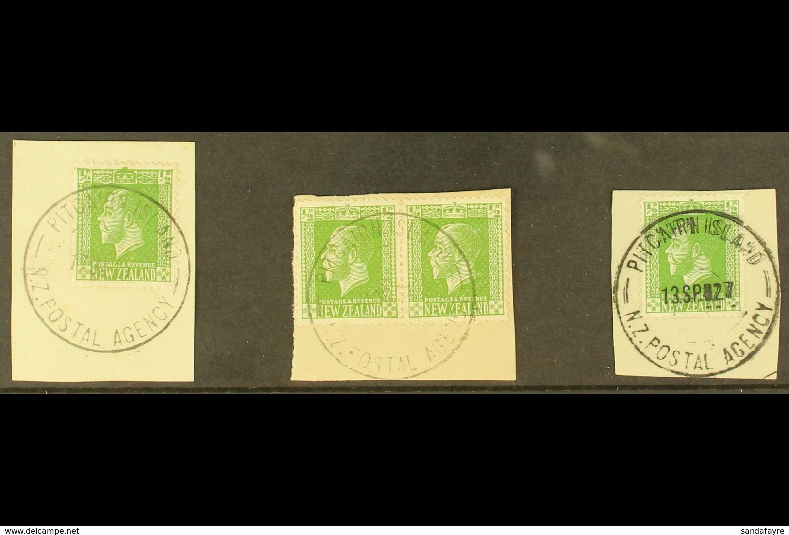 1915-29 New Zealand KGV ½d Green (SG Z1) - Two Singles And A Pair, All On Piece Tied Full "PITCAIRN ISLAND" Cds Cancels. - Islas De Pitcairn