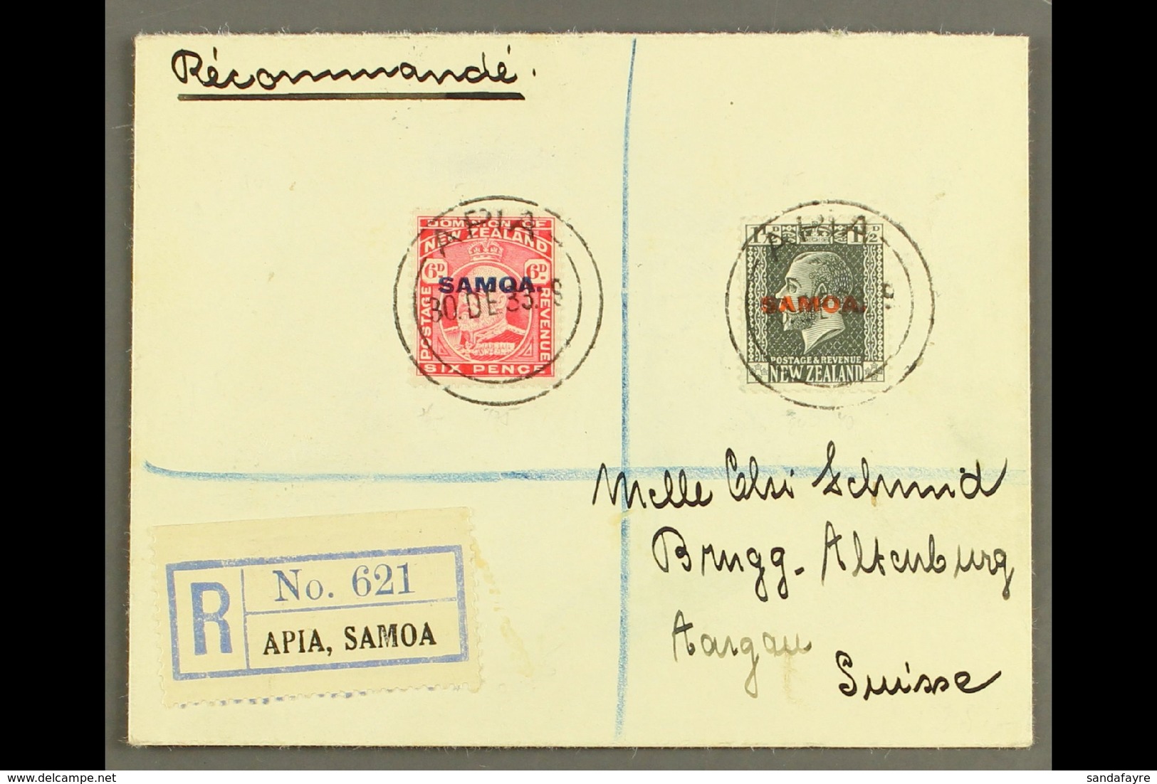 1933 6d Carmine & 1½d Slate, SG 119, 135, 7½d Franking On Registered Cover To Switzerland, Tied By Apia 30.12.33 Postmar - Samoa