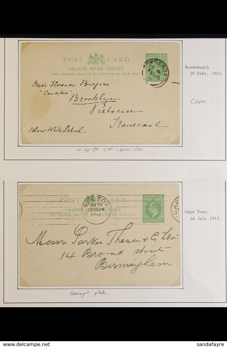 1910-13 INTERPROVINCIAL ORANGE RIVER COLONY POSTAL STATIONERY. A Small Group Of Orange River Colony Postal Cards Used Du - Sin Clasificación