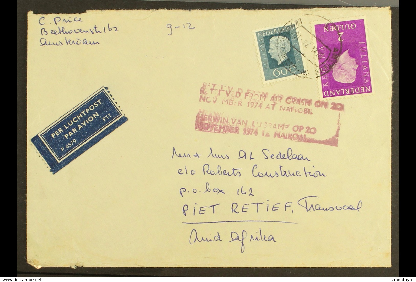 1974 NAIROBI LUFTHANSA CRASH COVER Netherlands To South Africa Cover With "RETRIEVED FROM AIR CRASH ON 20 NOVEMBER 1974  - Sin Clasificación