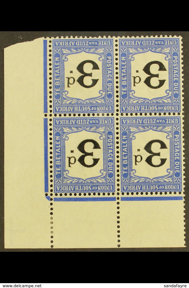 POSTAGE DUES 1914-22 3d Black & Bright Blue, WATERMARK INVERTED In Corner Marginal Block Of 4, SG D4w, Hinged On Margin, - Sin Clasificación