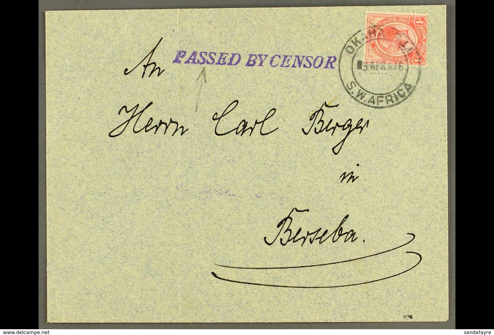 1916 (3 Apr) Cover To Berseba Bearing 1d Union Stamp Tied By Fine "OKAHANDJA / S.W. AFRICA" Cds Postmark, Putzel Type 2, - África Del Sudoeste (1923-1990)