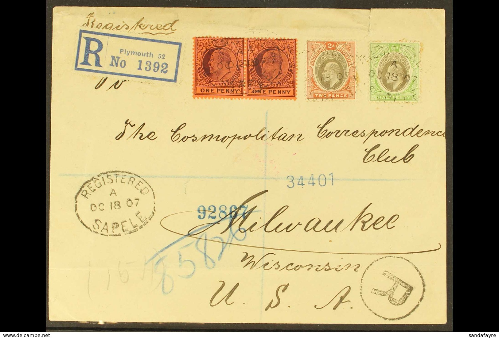 1907 (Oct 18th) Registered Cover To Wisconsin USA, Bearing ½d And 2d Plus Lagos 1d Pair Tied By SAPELE Oval Cancels, Ply - Nigeria (...-1960)