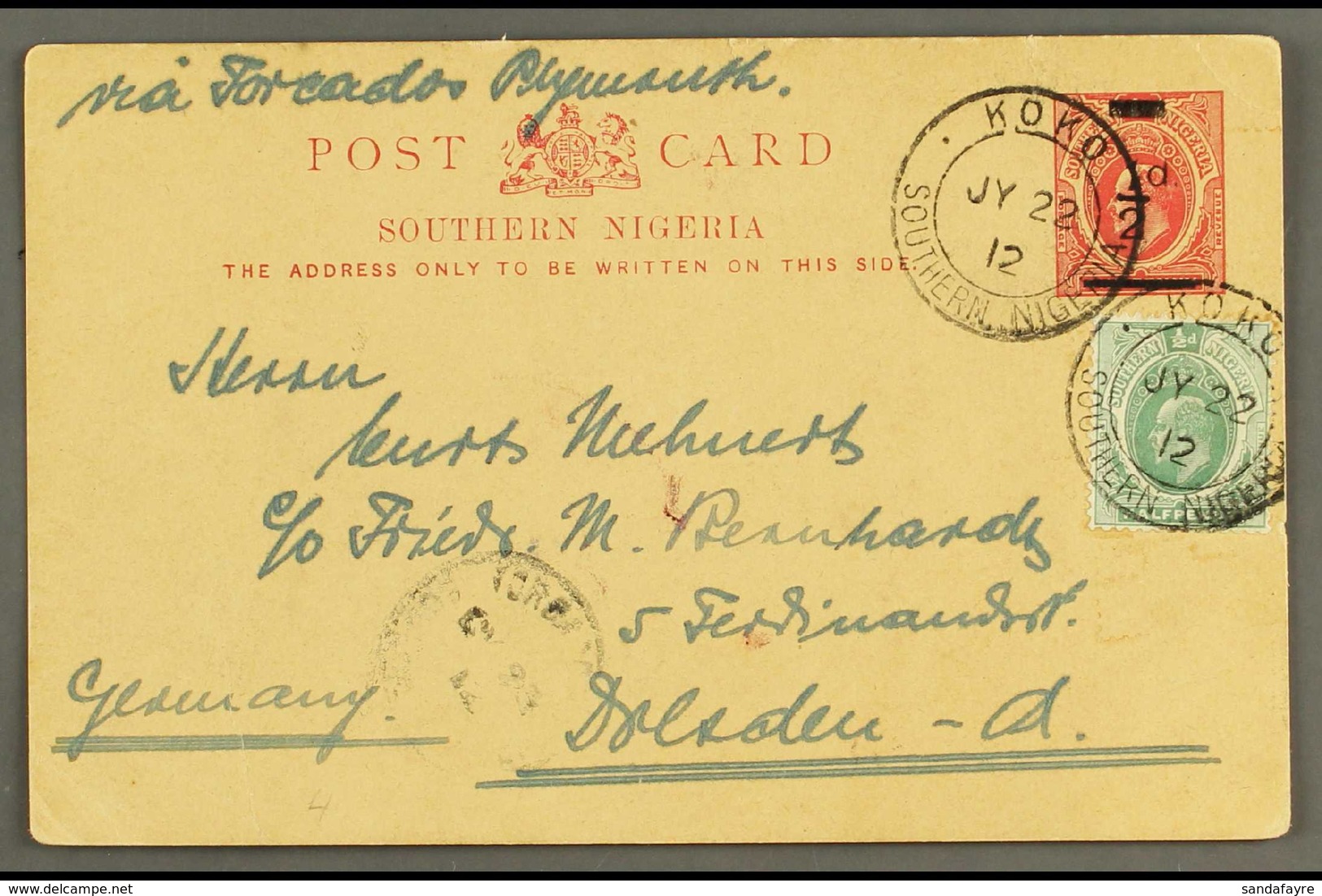 KOKO 1912 "½d" On 1d Postal Stationery Card To Germany Uprated ½d Ed VII Both Tied By Koko Jy 22 12 Southern Nigeria 2 R - Nigeria (...-1960)