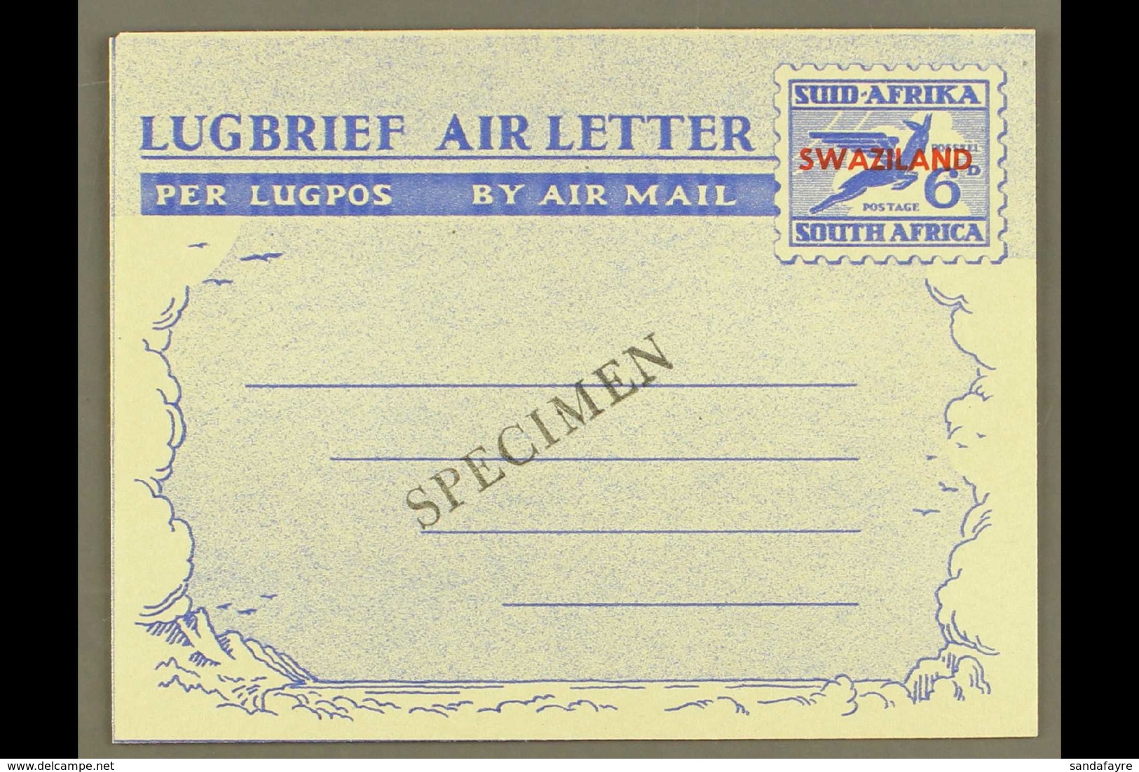 1951 "SPECIMEN" AIR LETTER 6d Ultramarine On Pale Greenish White, Afrikaans First, H&G 13, Kessler 15s, Locally Applied  - Swaziland (...-1967)