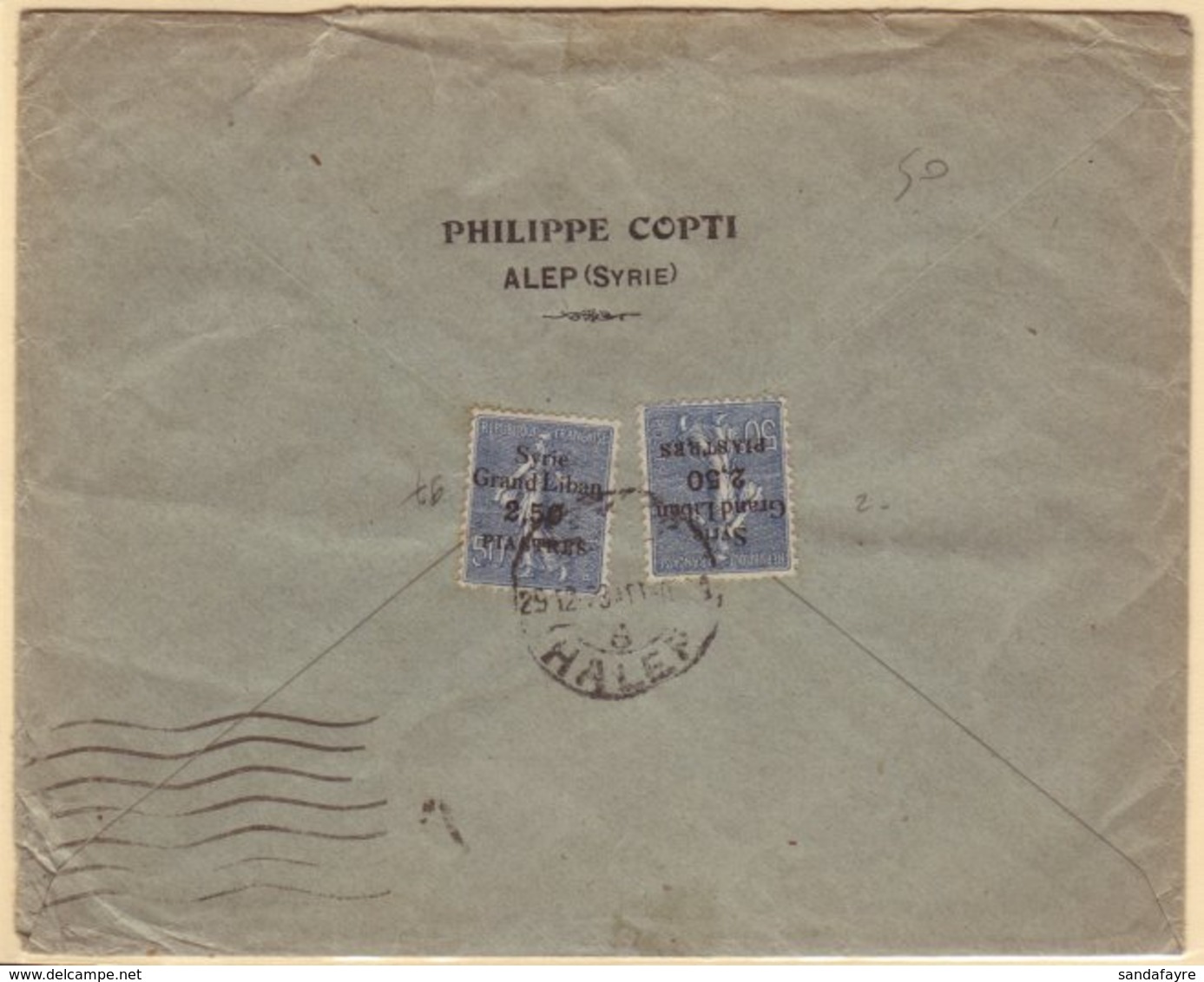 1923 Commercial Cover To France, Franked Two 1923 2.50pi On 50c "Syrie Grand Liban" Overprints, SG 105, HALEP C.d.s. Can - Siria