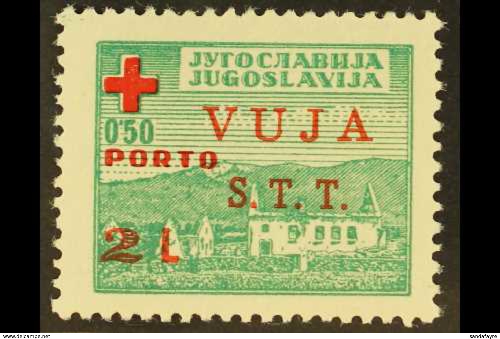 ZONE B POSTAGE DUE 1948 2l On 50p Green And Red, Red Cross, SG BD4, Superb Never Hinged Mint. Signed. Scarce Stamp. For  - Otros & Sin Clasificación