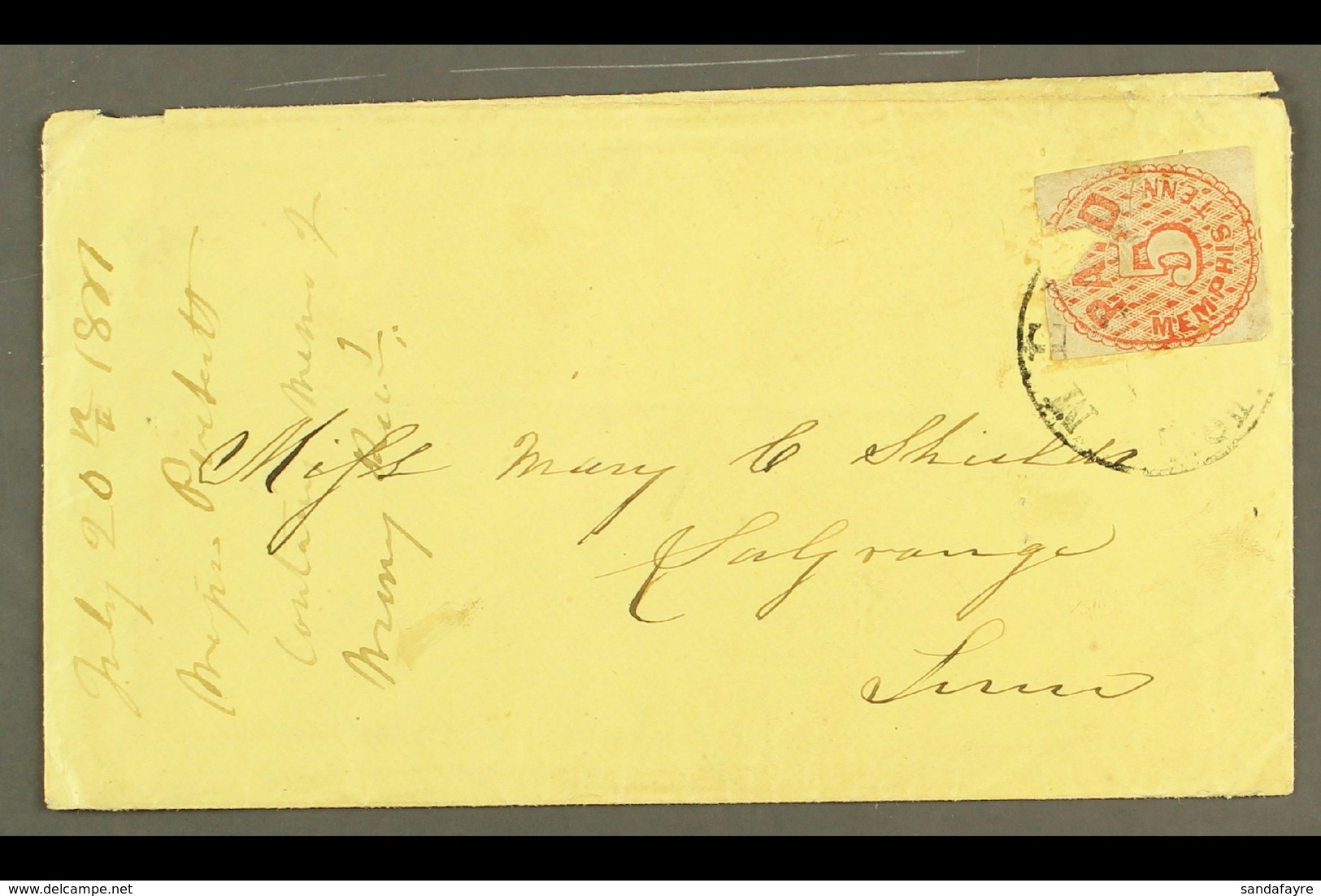 1861 MEMPHIS POSTMASTER'S PROVISIONAL ON COVER. 1861 5c Red Local Stamp, Scott 56X2, Faulty Example Used On Cover Tied B - Otros & Sin Clasificación