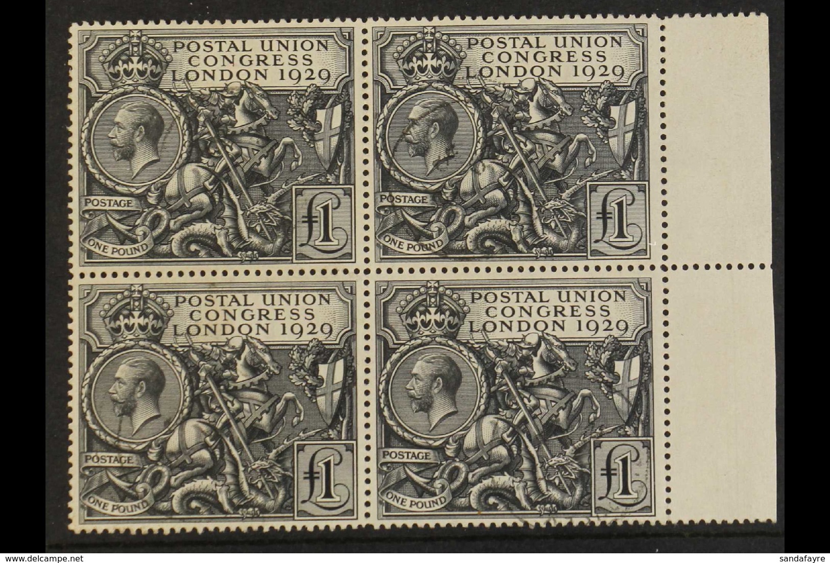 1929 £1 Black PUC, SG 438, Superb Marginal Used Block Of 4 With Light Cds Cancel On Each Stamp. Highly Attractive. For M - Sin Clasificación