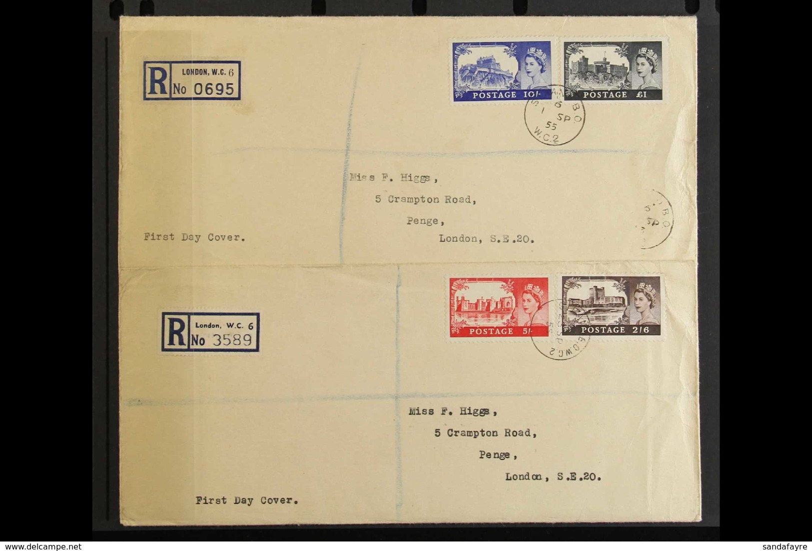 1955 CASTLES HIGH VALUES The Set On Two Matching Registered Plain FDC's (10s & £1 Tied By 1st Sept Cds, 2s6d & 5s Tied B - FDC