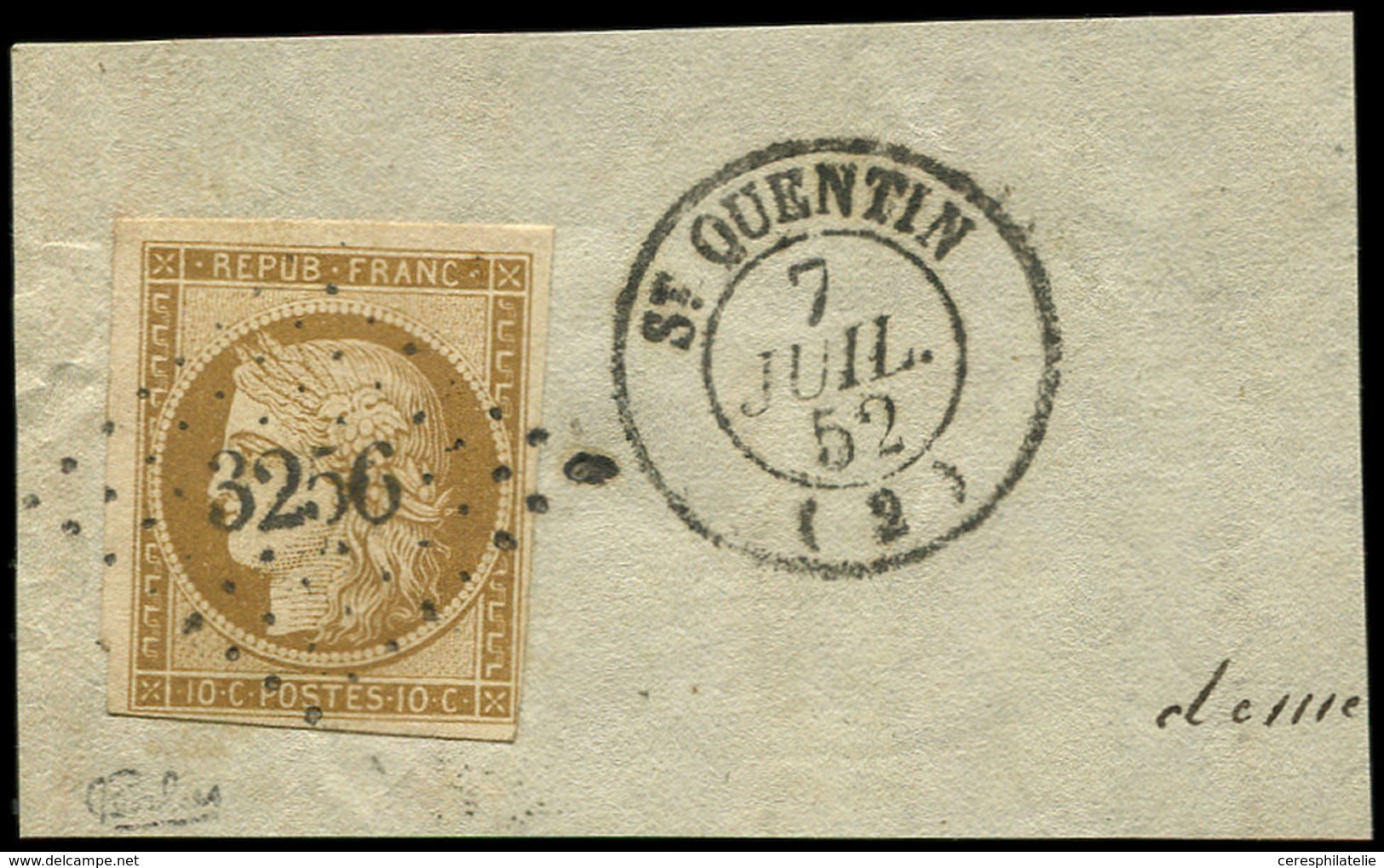 EMISSION DE 1849 - 1a   10c. Bistre-brun, Obl. PC 3256 S. Fragment, Càd T15 ST QUENTIN 7/7/52, TB. C - 1849-1850 Cérès