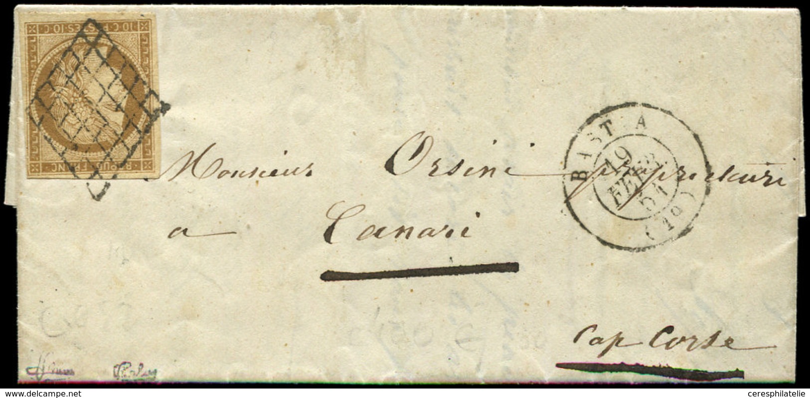 Let EMISSION DE 1849 - 1    10c. Bistre-jaune, Obl. GRILLE S. LAC, Càd T15 BASTIA 19/2/51, TB - 1849-1850 Ceres