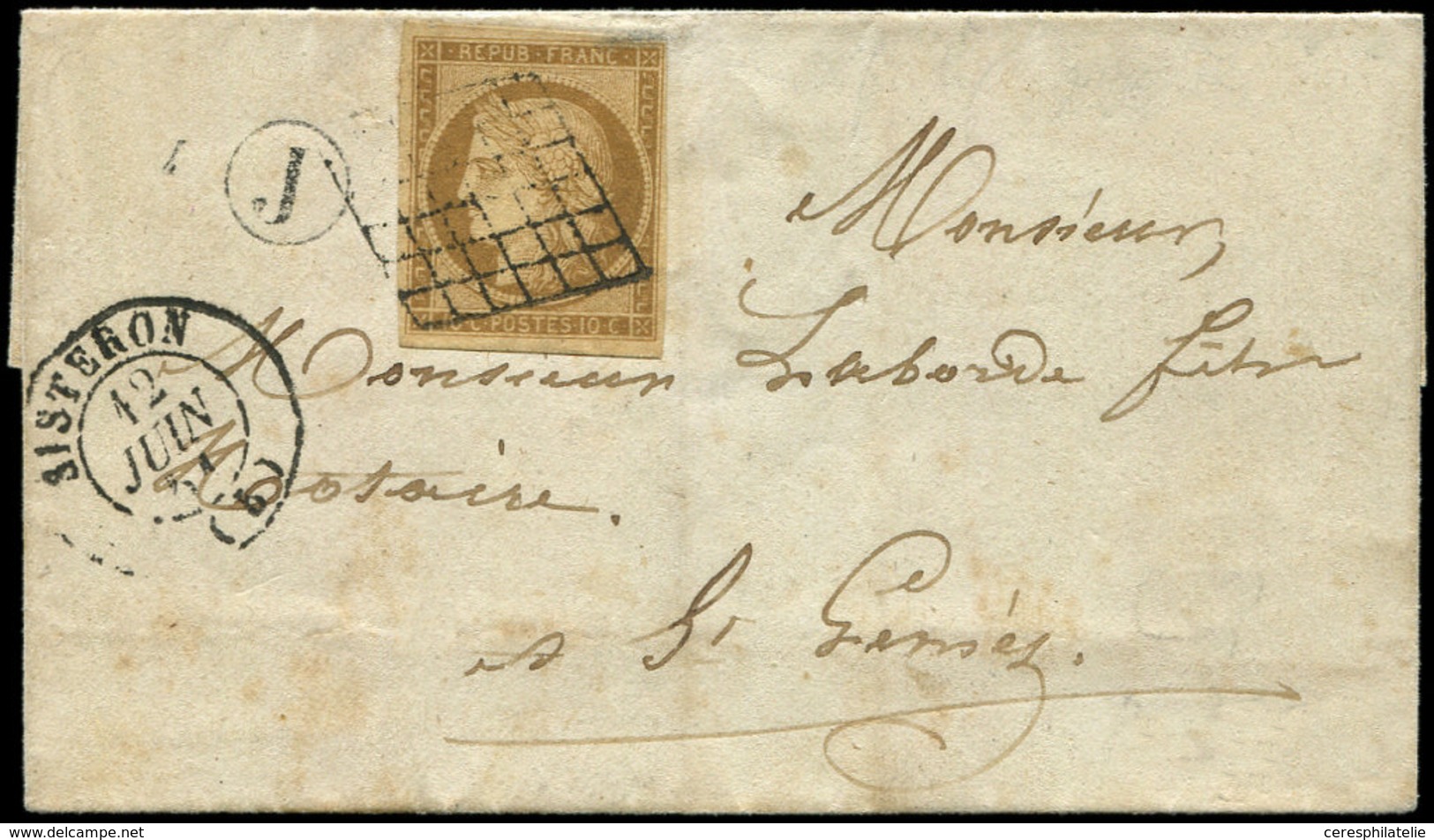 Let EMISSION DE 1849 - 1    10c. Bistre-jaune, Obl. GRILLE S. LSC, Cachet J Et Càd SISTERON 12/6/51, TB - 1849-1850 Ceres