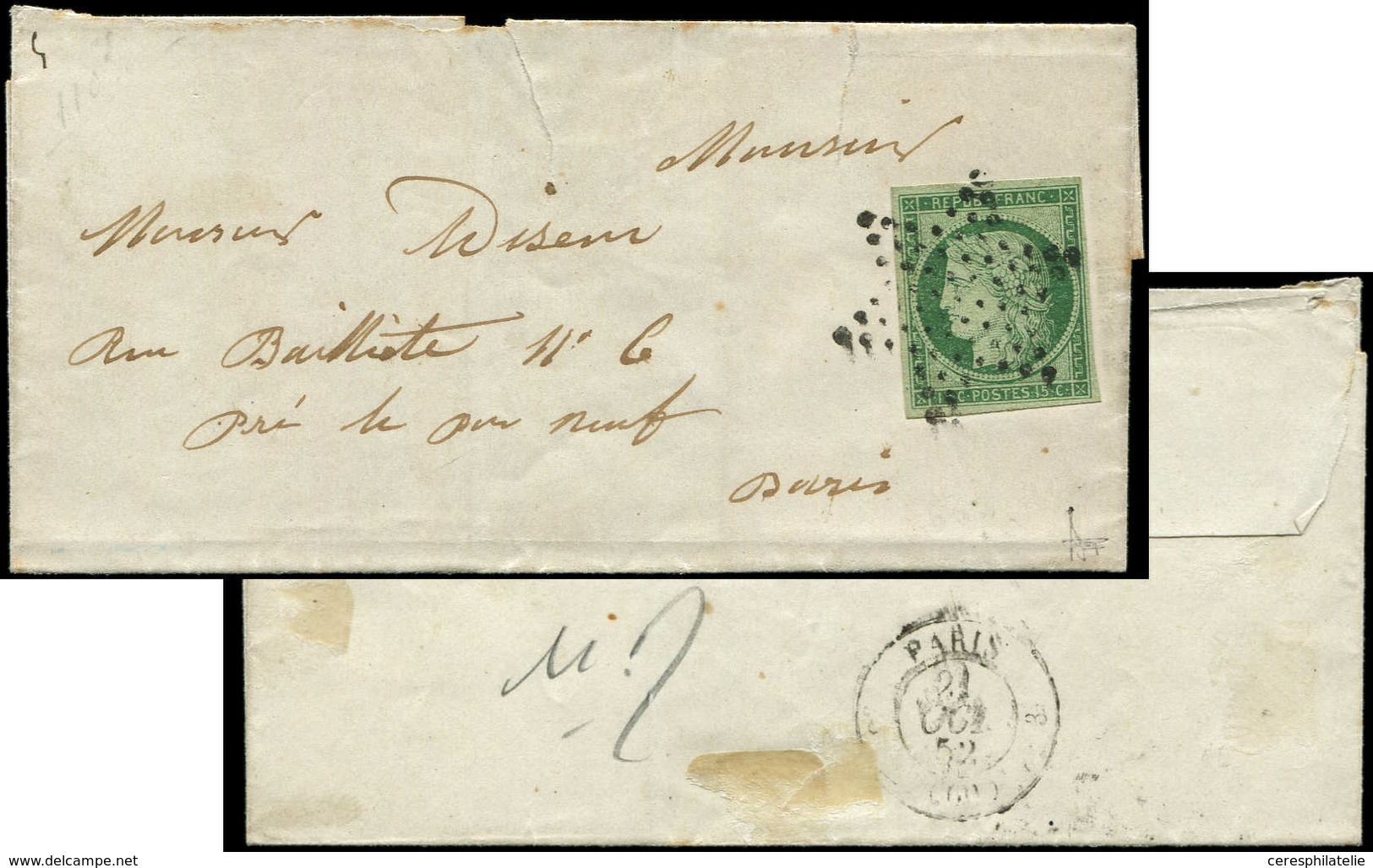 Let EMISSION DE 1849 - 2    15c. Vert, Obl. ETOILE S. LSC Locale, Arr. 21/10/52, TTB - 1849-1850 Cérès