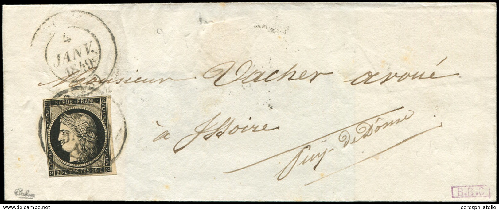 Let EMISSION DE 1849 - 3    20c. Noir Sur Jaune, Effleuré à G., Obl. Càd T14 BORT (18) 4 JANV 1849 S. LSC. C - 1849-1850 Ceres