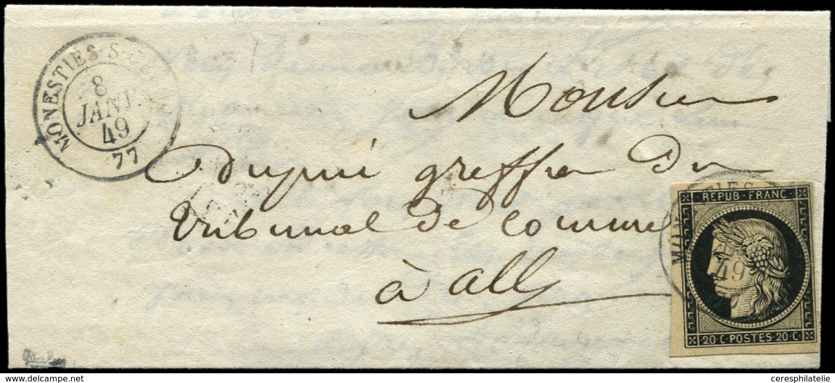 Let EMISSION DE 1849 - 3    20c. Noir Sur Jaune, Obl. Càd T15 Répété à Côté MONESTIES-S-CEROU 8 JANV 49 S. LAC, TTB - 1849-1850 Ceres