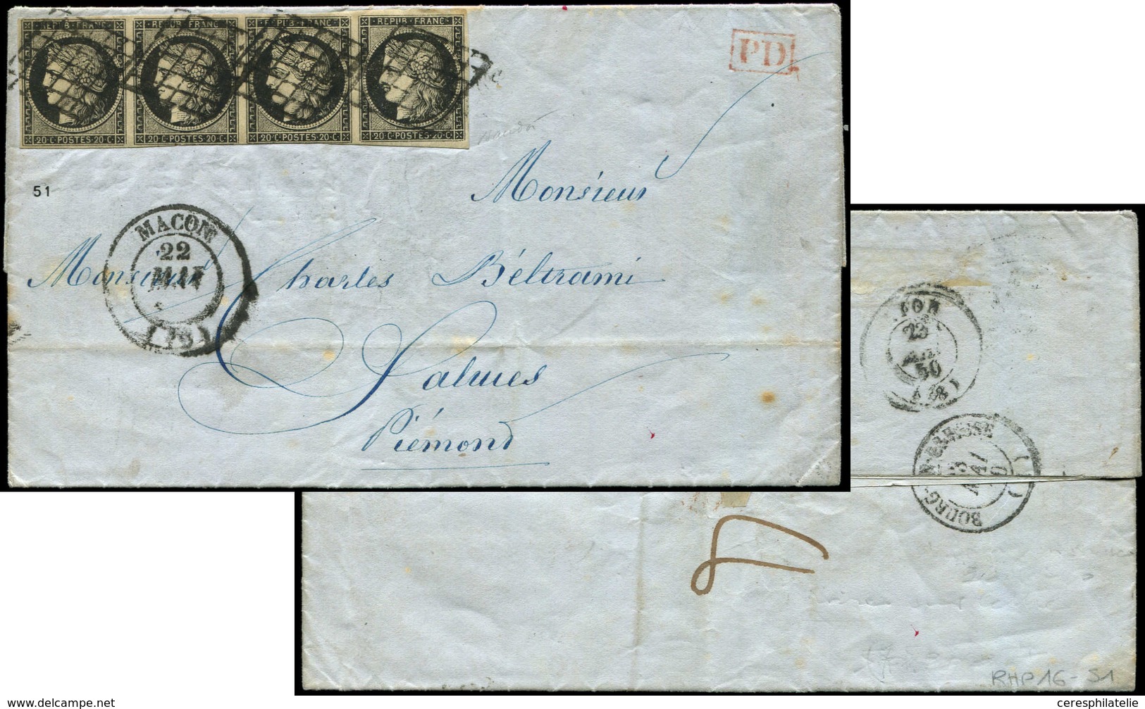Let EMISSION DE 1849 - 3    20c. Noir Sur Jaune, BANDE De 4, Un Ex. Filet Effleuré Sur 1cm., Obl. GRILLE S. LAC, Càd T14 - 1849-1850 Ceres