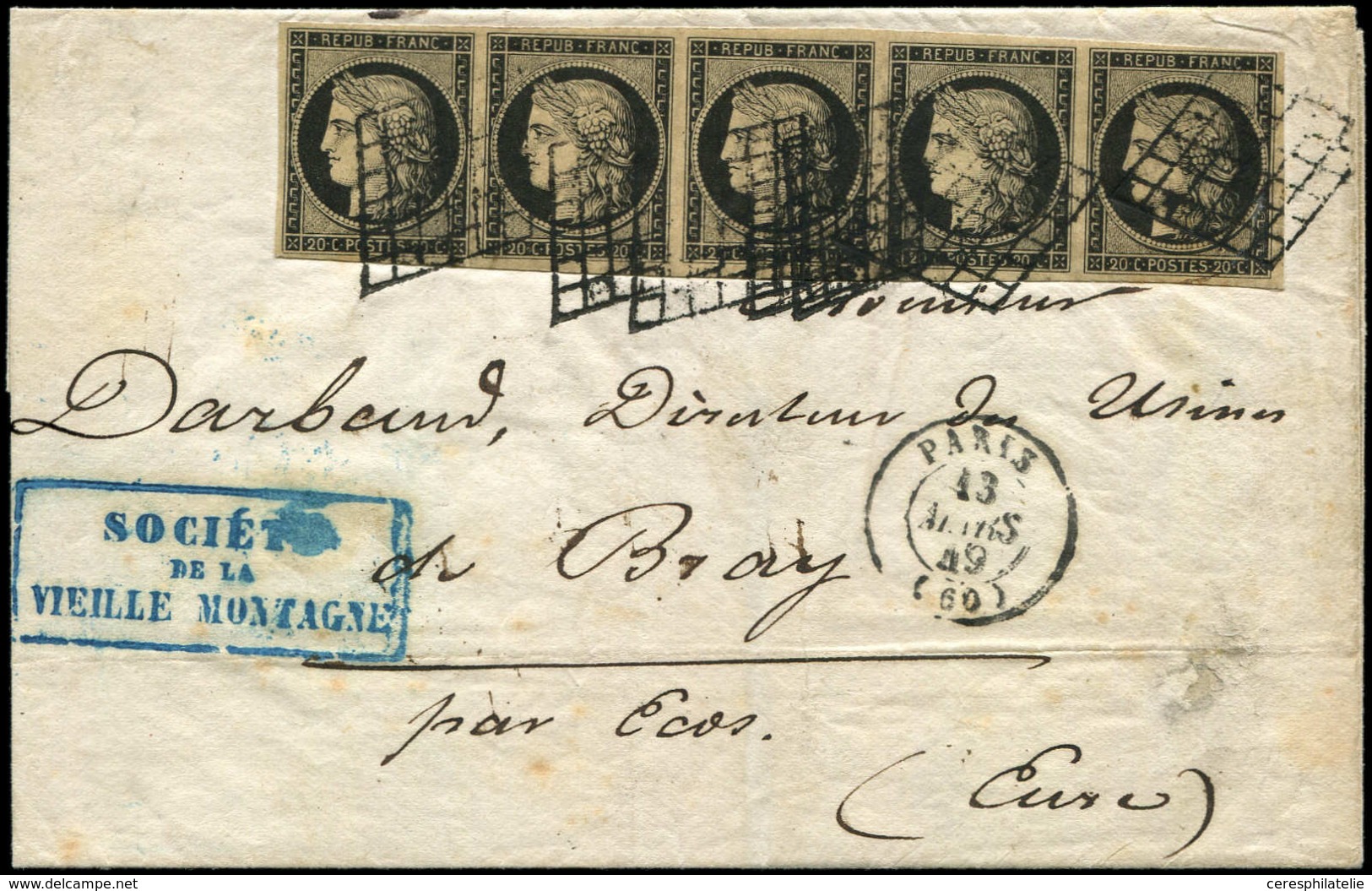 Let EMISSION DE 1849 - 3    20c. Noir Sur Jaune, BANDE De 5 Obl. GRILLE S. LSC, Càd PARIS 13/3/49, Arr. ECOS, RR, TB, Co - 1849-1850 Cérès