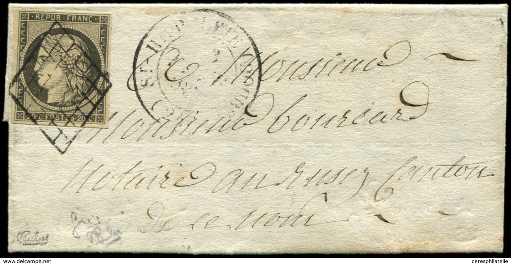 Let EMISSION DE 1849 - 3i   20c. GRIS, Obl. GRILLE S. LAC, Càd T14 St HIPPOLYTE (DOUBS) 23/2/50, Nuance Certifiée Calves - 1849-1850 Ceres