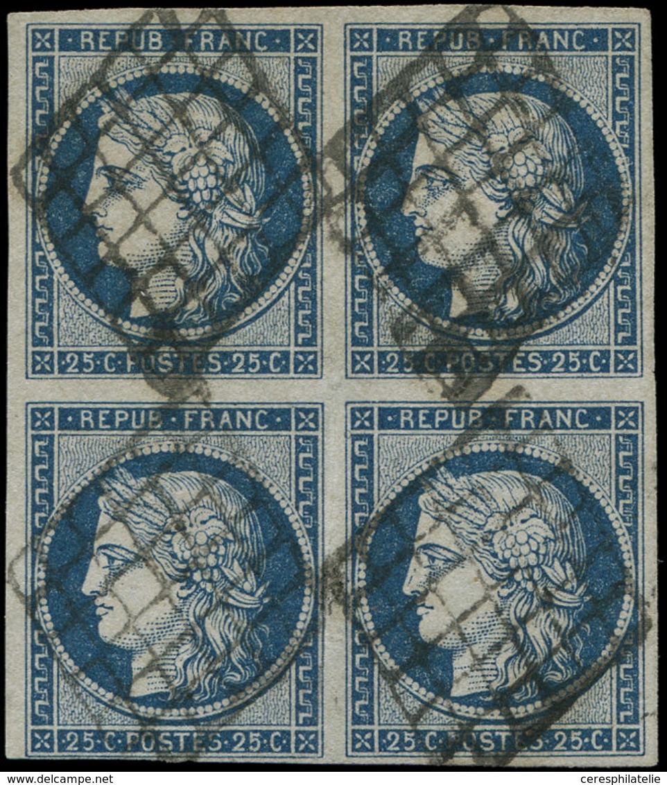 EMISSION DE 1849 - 4    25c. Bleu, BLOC De 4 Obl. GRILLE, Très Frais Et TTB - 1849-1850 Ceres