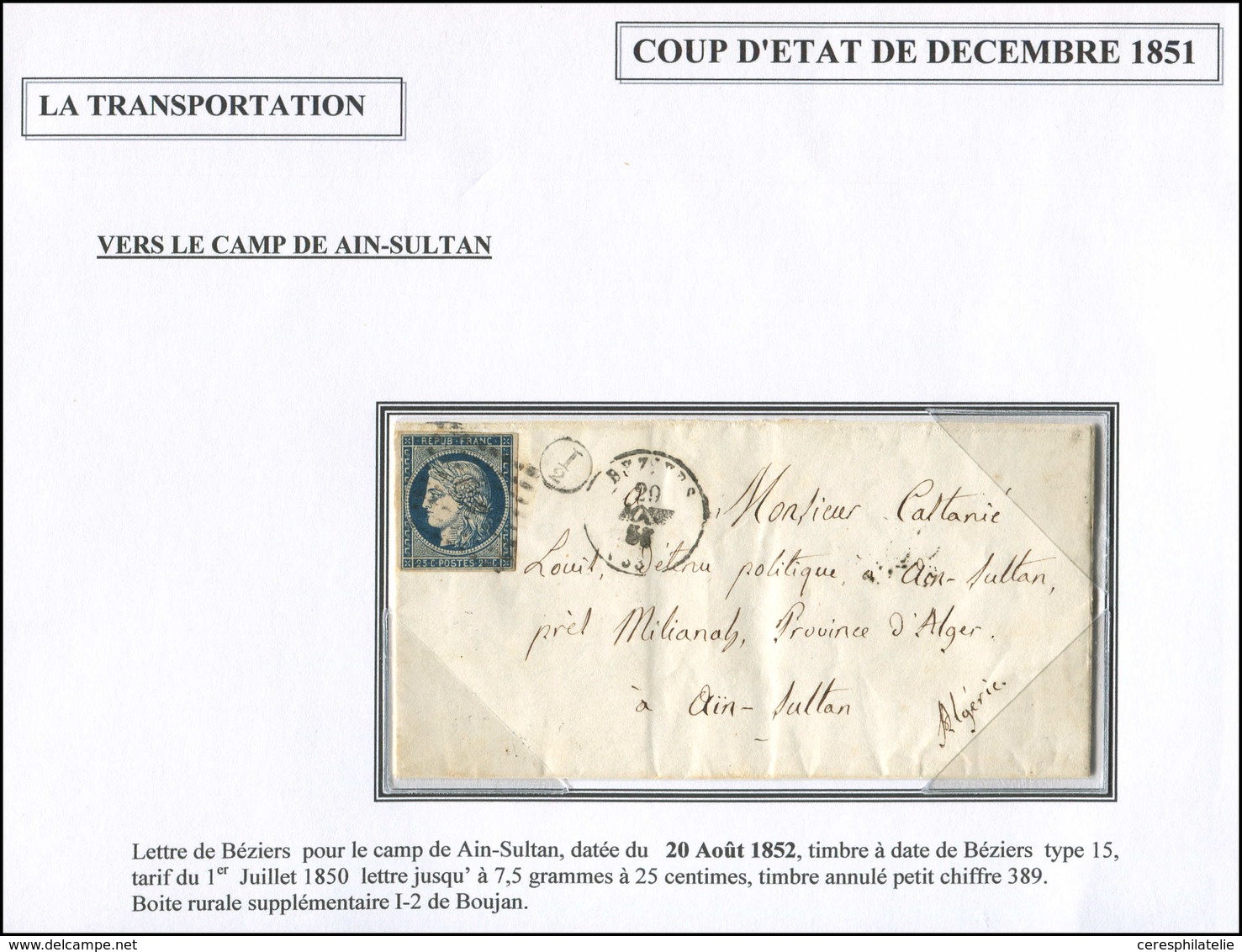 Let EMISSION DE 1849 - 4    25c. Bleu, Obl. PC 389 S. LAC, Càd BEZIERS 20/8/52, Boite I2 De Boujan Pour Le Camp De AIN-S - 1849-1850 Ceres